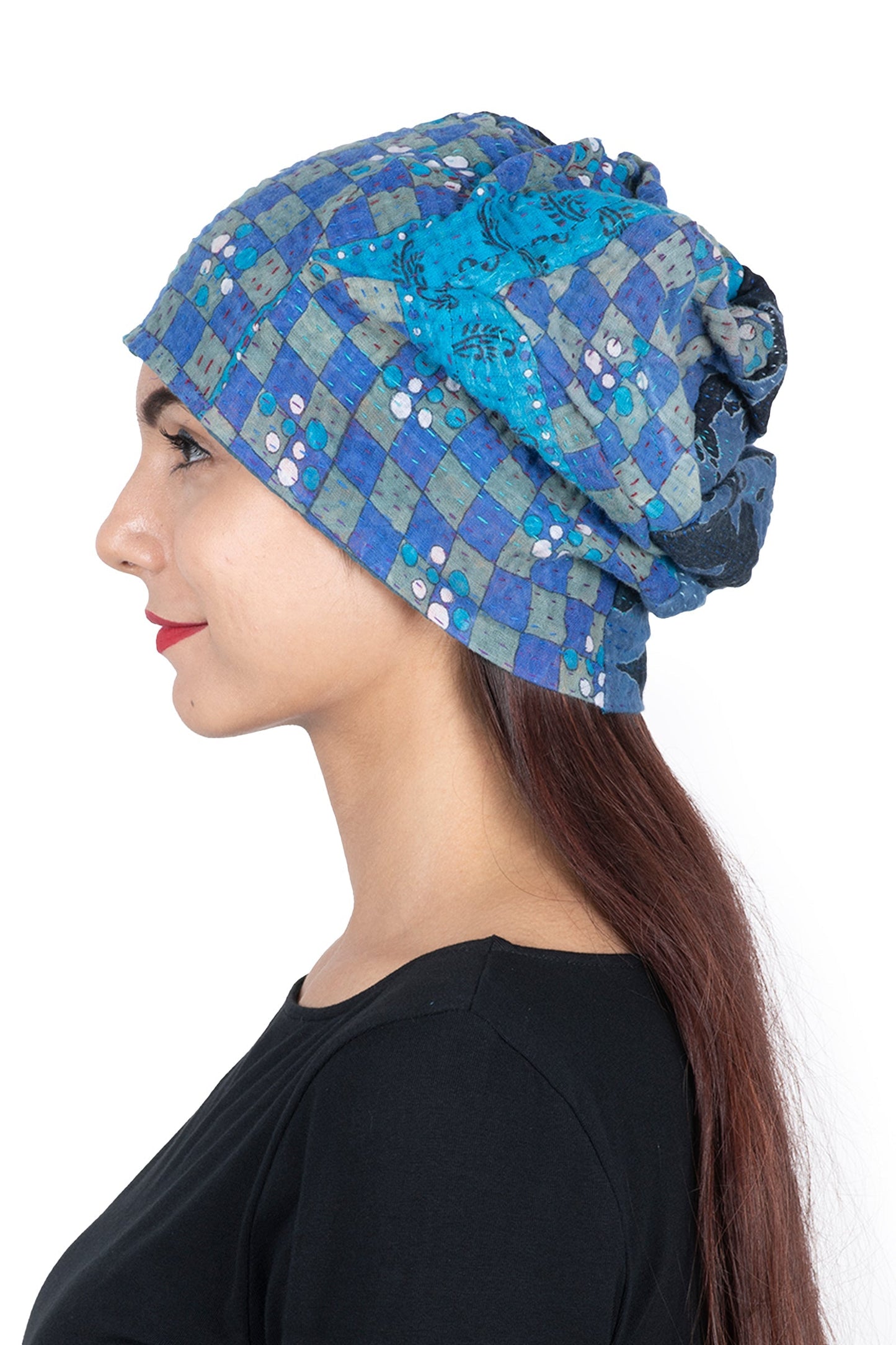 VINTAGE COTTON KANTHA PATCHWORK HAT - cv4880-blu -
