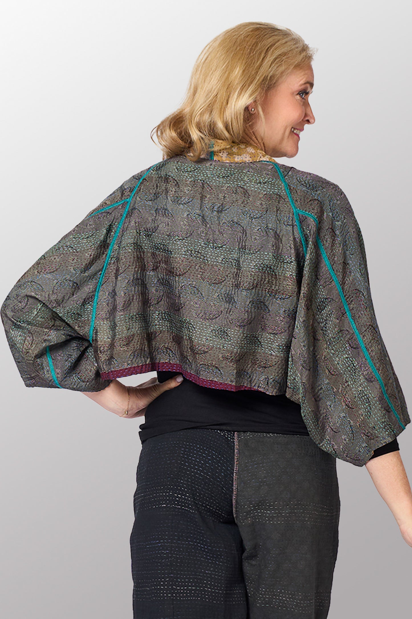GEORGETTE JACQUARD VINTAGE SILK PATCH KANTHA PUFF SLV. SHRUG - gj2062-0001a -