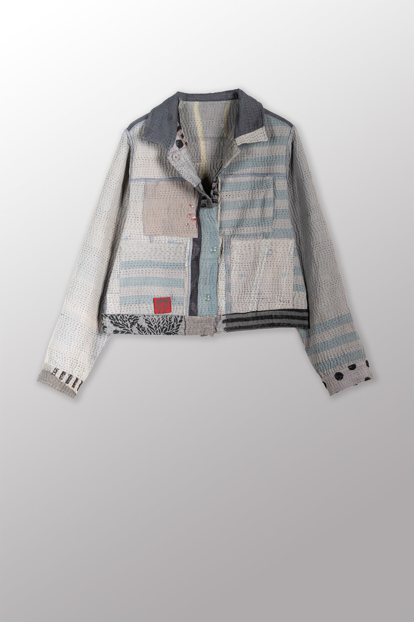 FRAYED PATCH KANTHA WITH STAMP TRUCKR JACKET - sp-fi4091-gry -