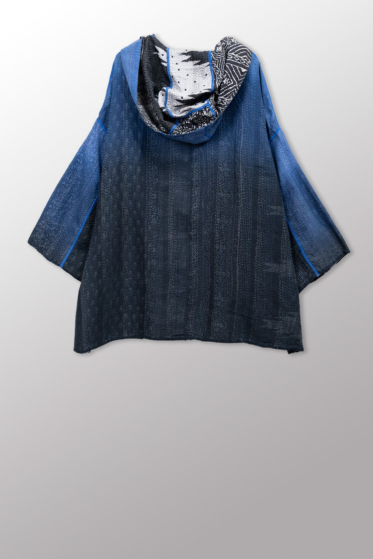 SILK COTTON OMBRE PRINT KANTHA HOODIE PONCHO - os2064-blk -