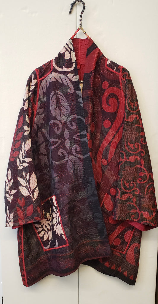 BIG PRINTED PATCH WITH OMBRE BACKING KANTHA  A-LINE JACKET - px4003-red -