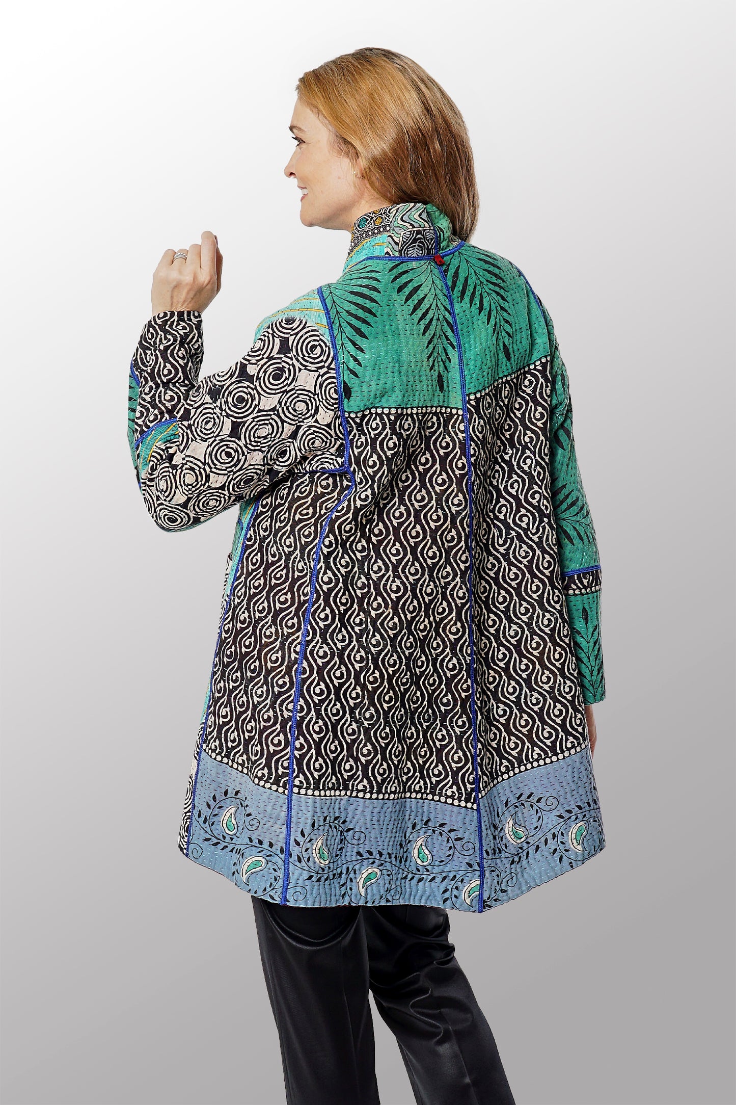 VINTAGE COTTON KANTHA FLARE LONG JACKET - cv4021-0049m -