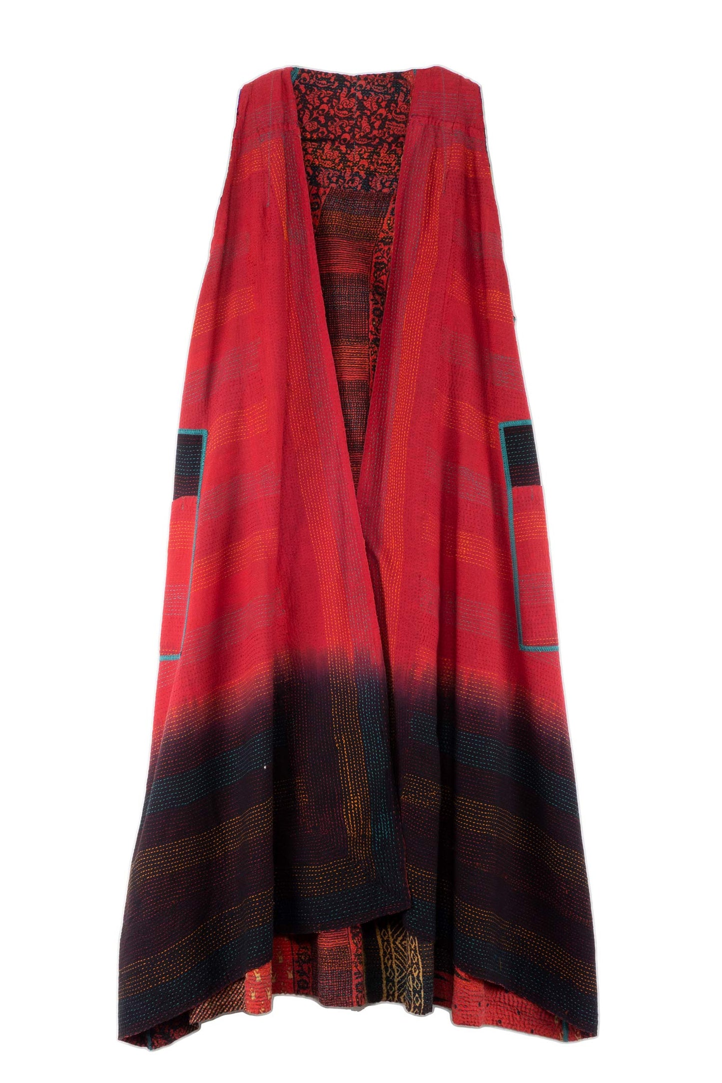 SILK COTTON OMBRE PRINT KANTHA BACK PLEATED VEST MAXI - os2222-red -