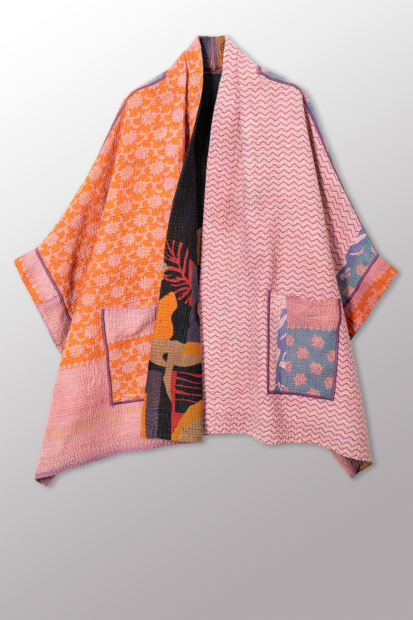 VINTAGE COTTON KANTHA DOUBLE COLLAR PONCHO - cv4323-0057a -