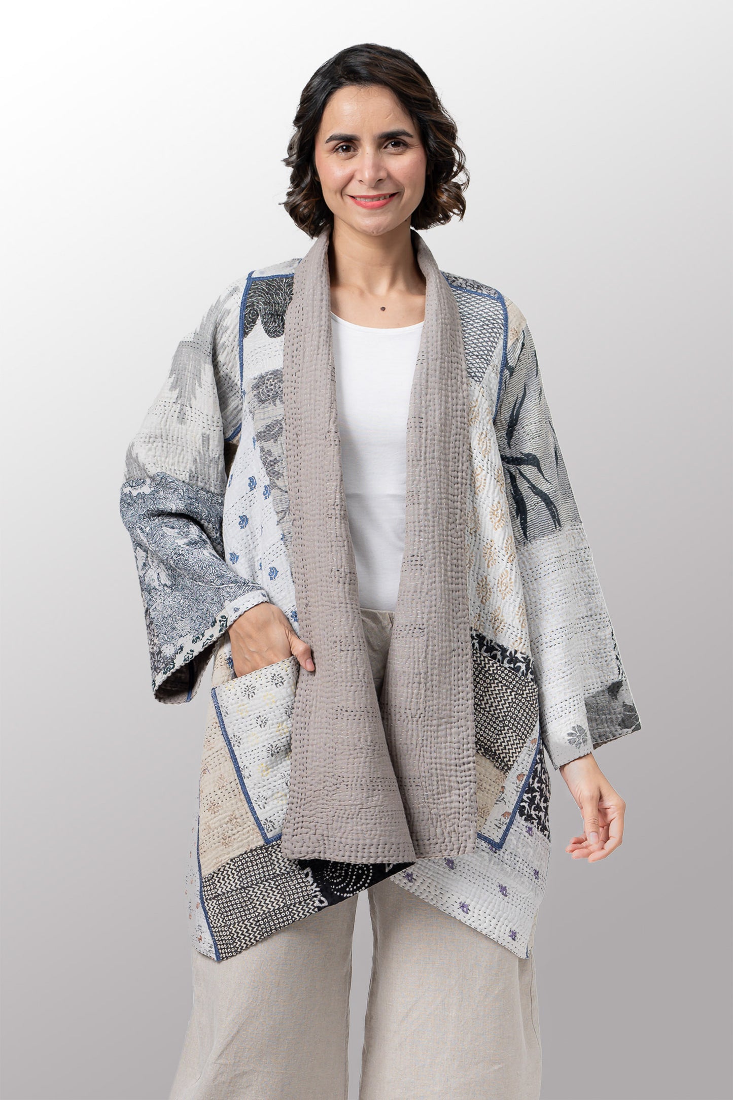 POWDER PATCH KANTHA A-LINE JACKET - pd4003-gry -