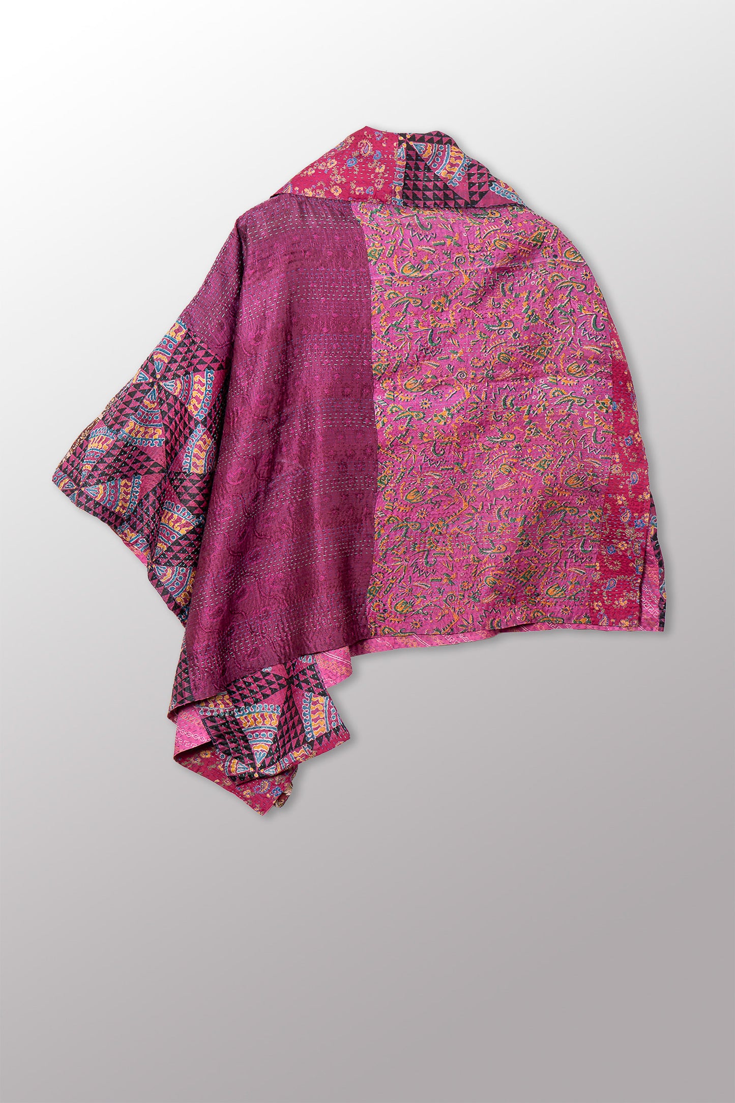 VINTAGE SILK KANTHA COWL NECK LONG CAPE - sv2842-0008a -