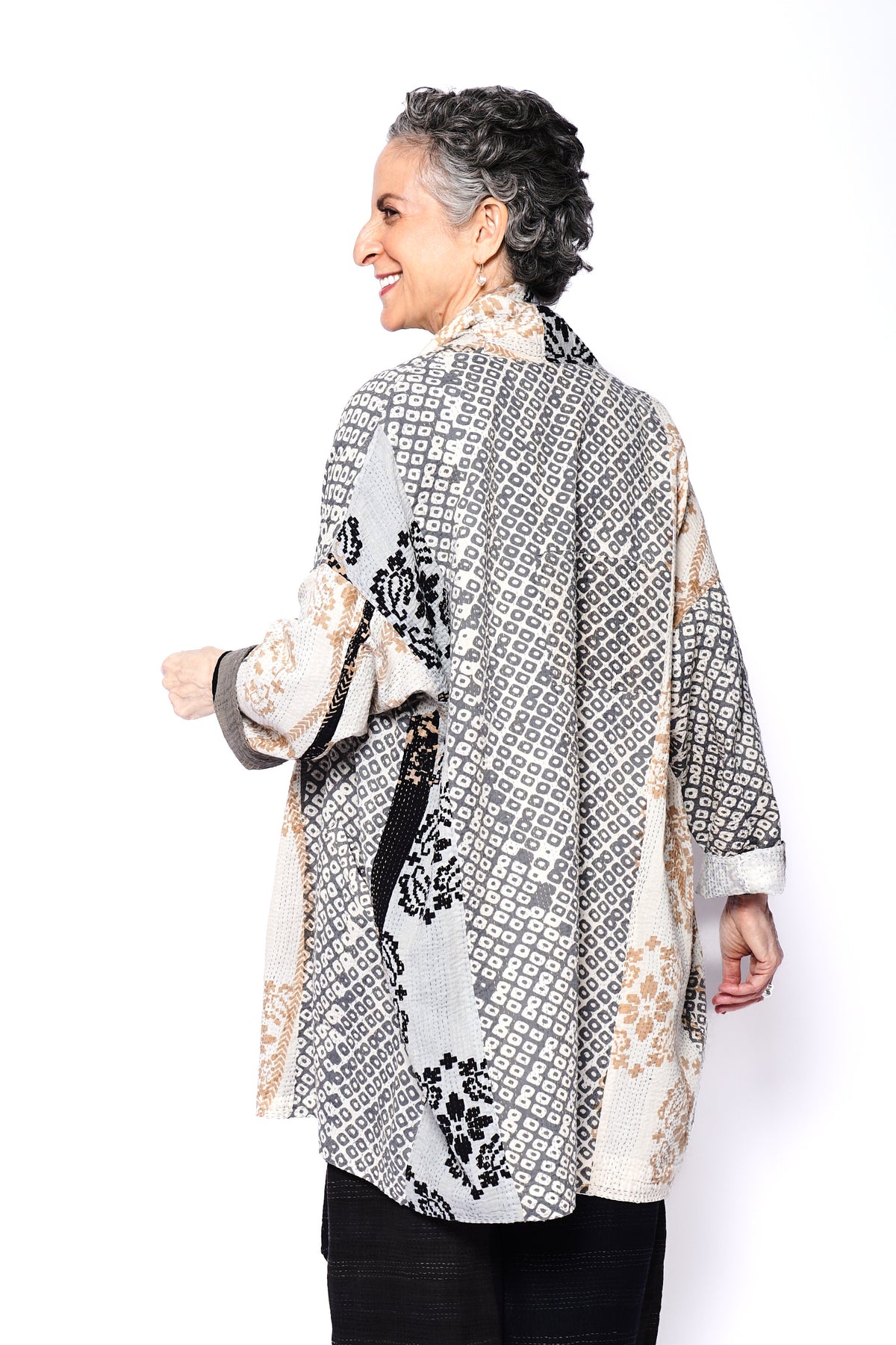 KIMONO COTTON KANTHA HAORI JACKET - kc2068-gry -