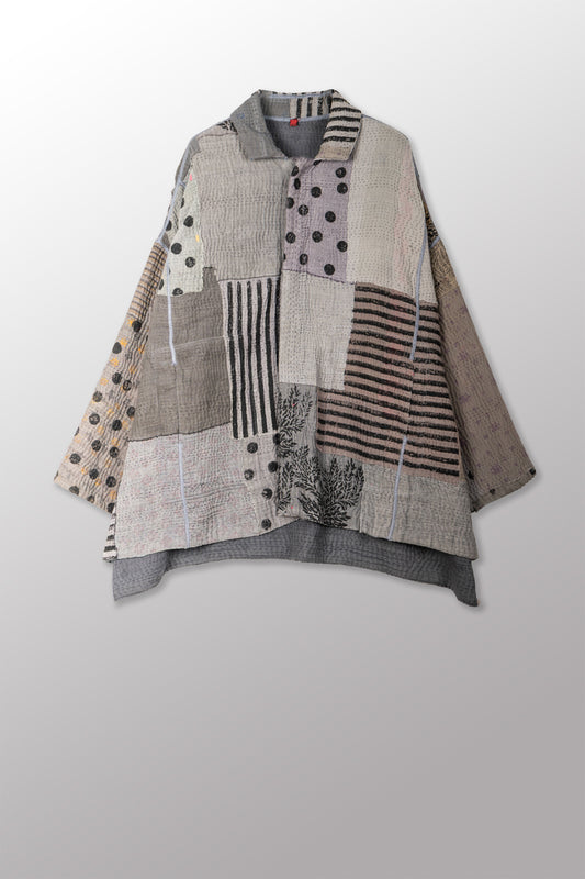 FRAYED PATCH KANTHA WITH STAMP OVERSIZED MINI COAT - sp-fi4332-gry -