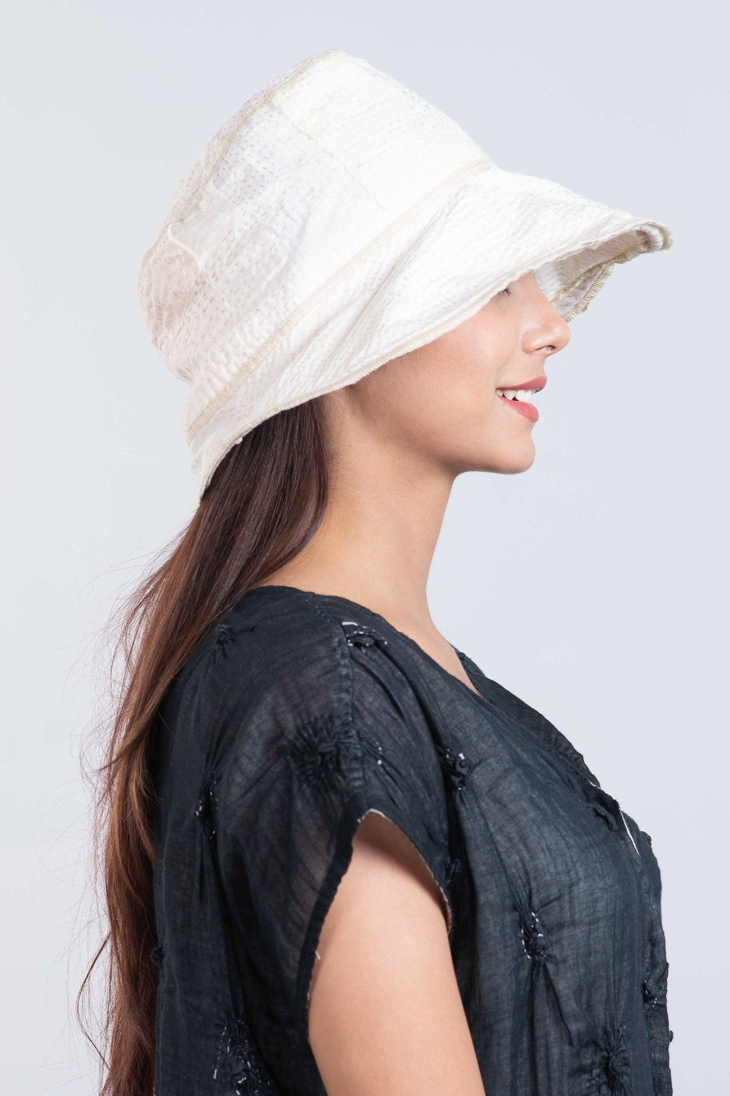 FRAYED PATCH KANTHA CIRCULAR CUT BRIM HAT - fi2882-ivy -