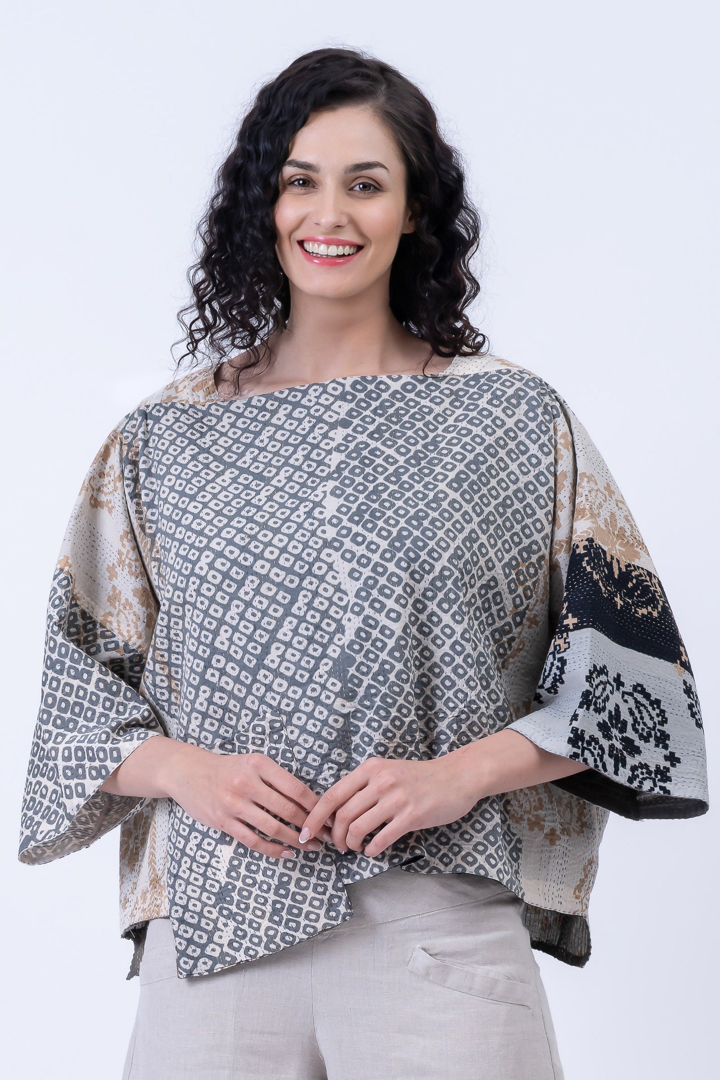 KIMONO COTTON KANTHA 3/4 SLV. CROP TOP MIO - kc2538-gry -
