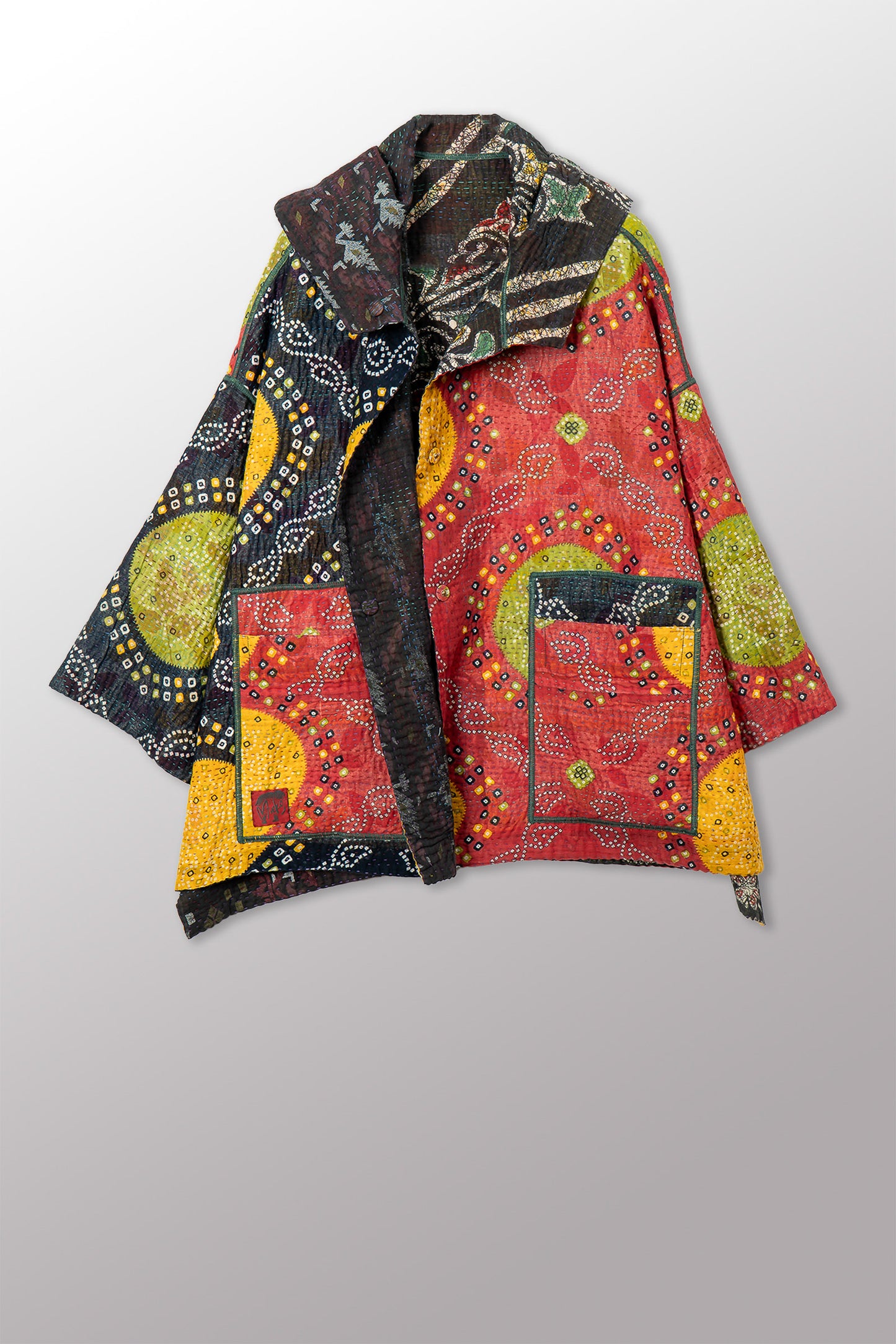 VINTAGE COTTON KANTHA HOODIE PONCHO - cv4064-0037a -