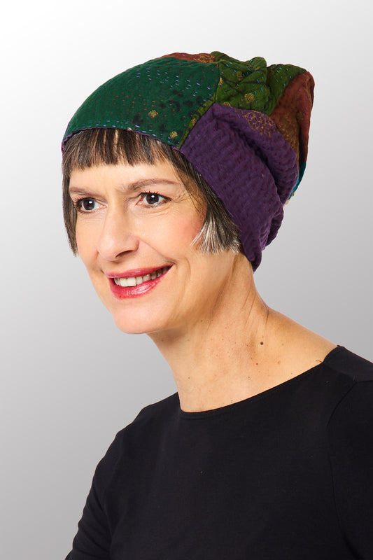 OMBRE PATCHED GOLD STAMP KANTHA PATCHWORK HAT - og4880-mlt -