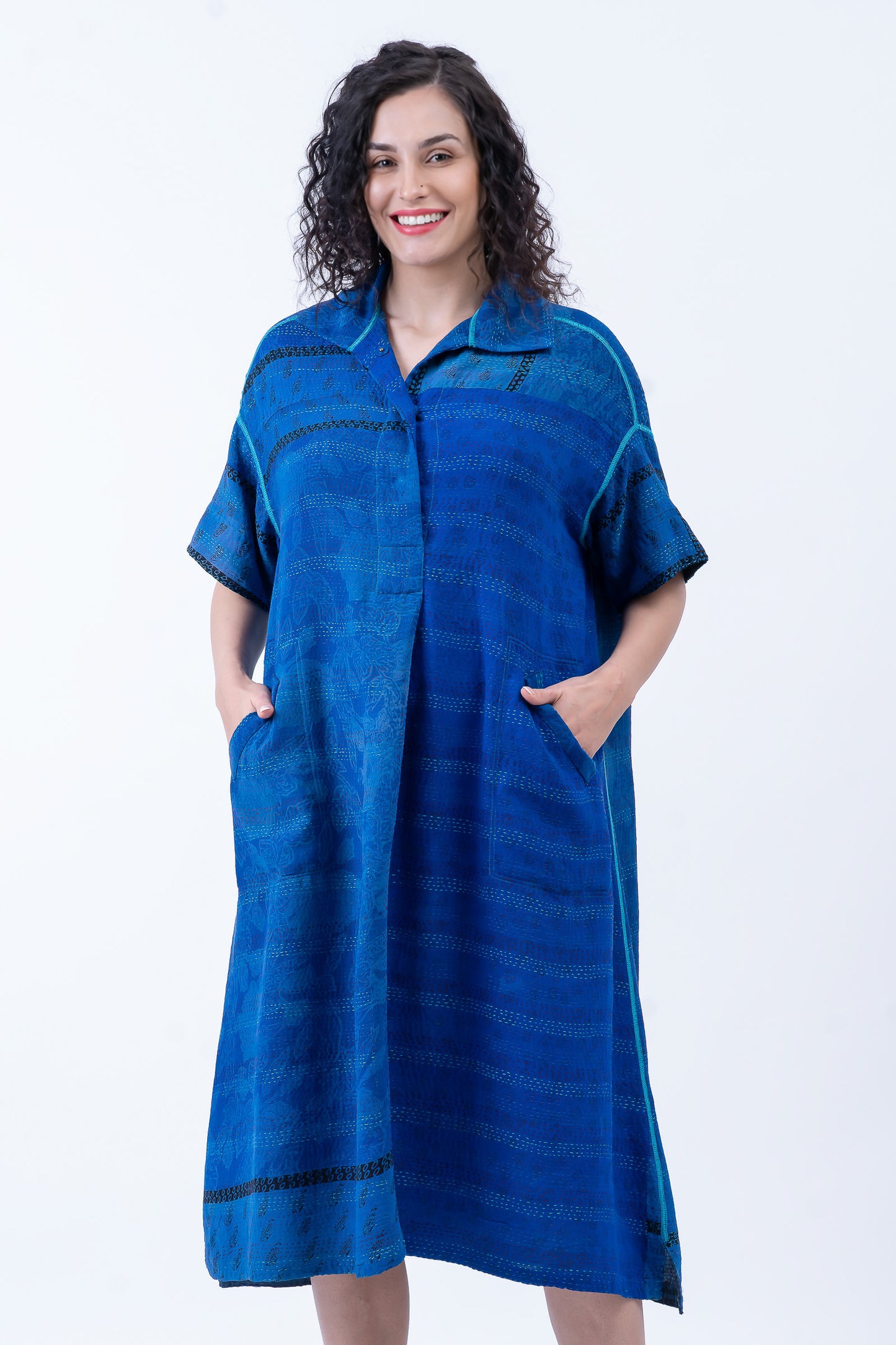 VINTAGE SILK GEORGETTE COTTON KANTHA WING COLLAR DRESS - gc2454-0001a -