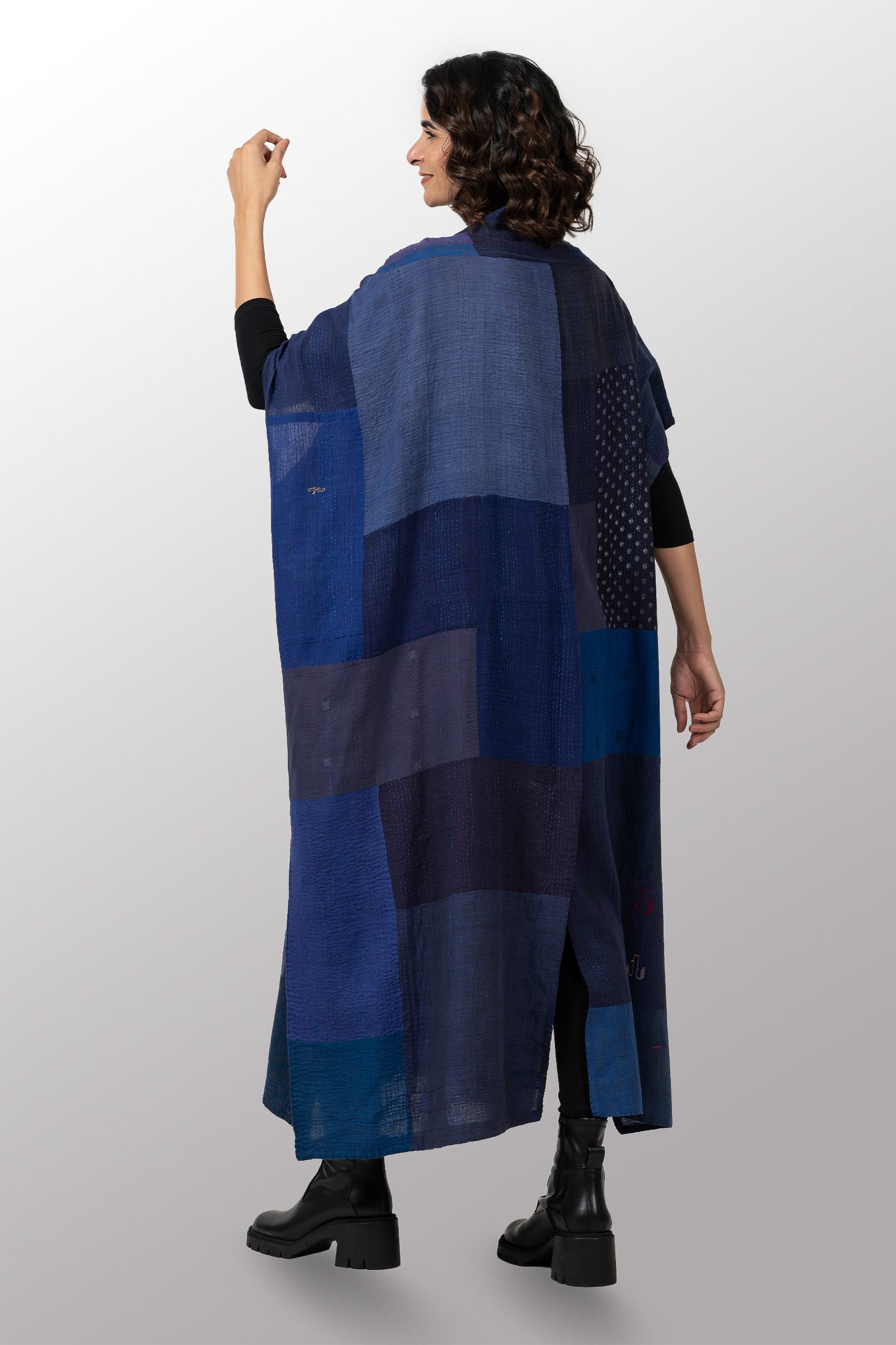 BROCADE PATCHED KANTHA PONCHO DRESS - bp2443-blu -