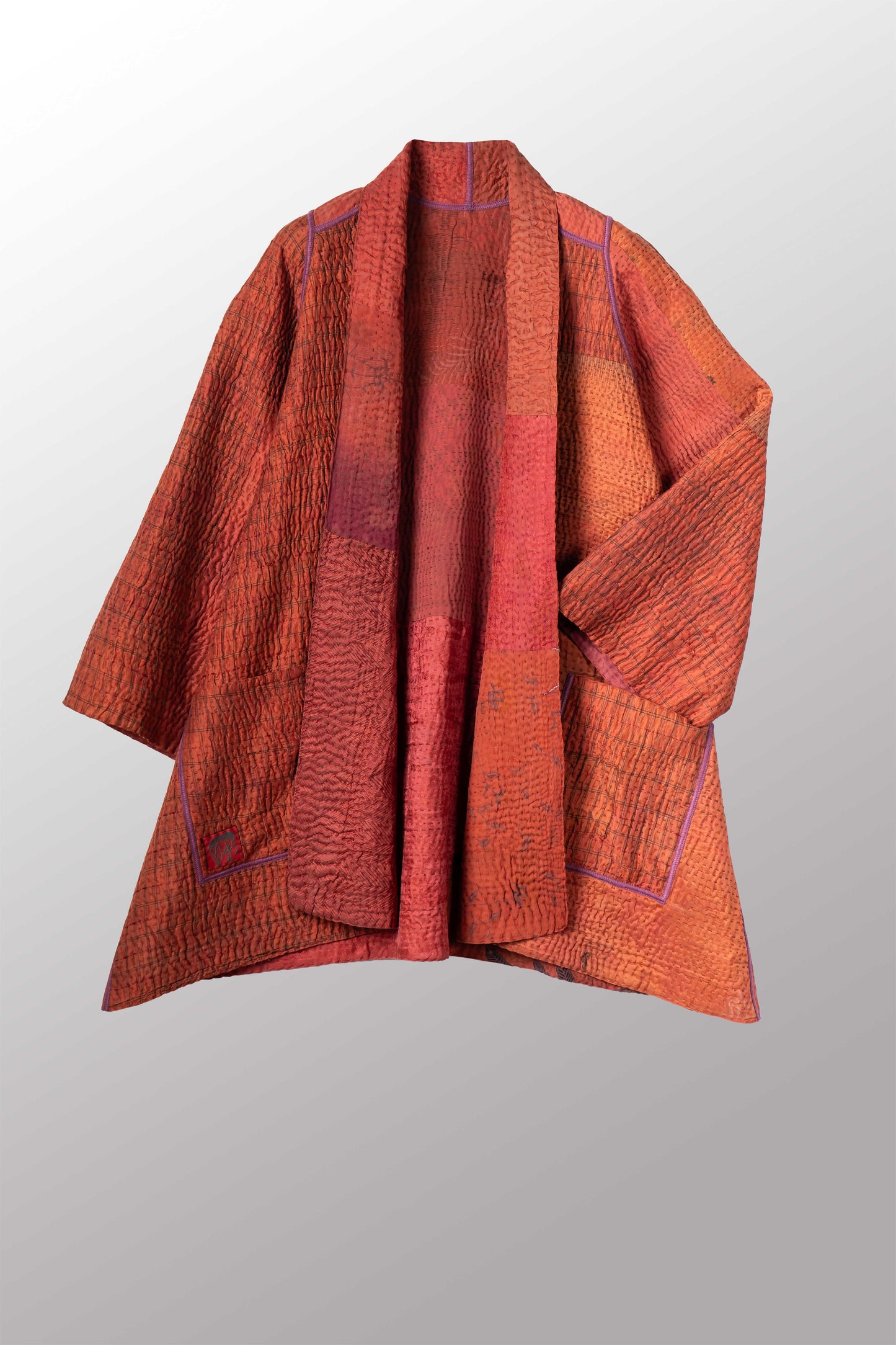 GEORGETTE JACQUARD VINTAGE SILK PATCH KANTHA A-LINE JACKET - gj4003-org -
