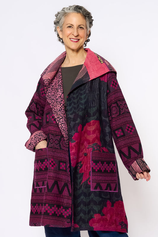 VINTAGE COTTON KANTHA POCKET MEDIUM COAT - cv4316-0047m -