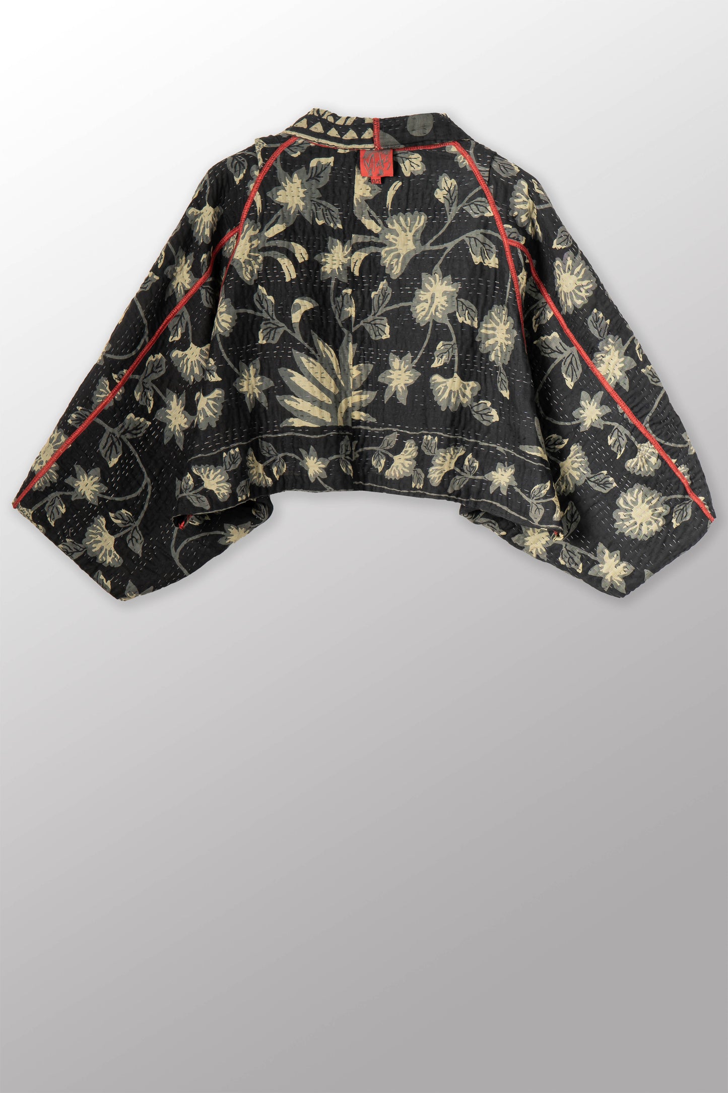 BLACK AND WHITE PRINT PATCH KANTHA PUFF SLV. SHRUG - pn4062-red -