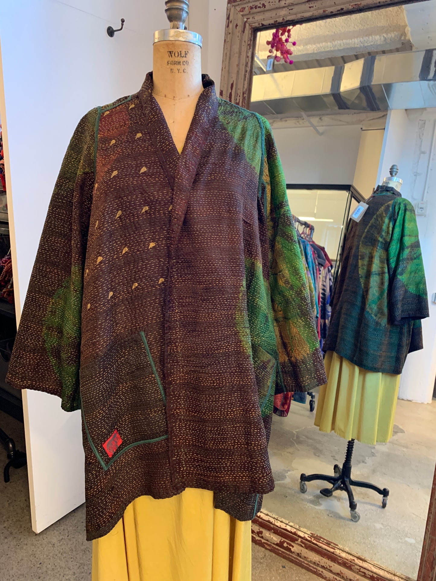 JACQUARD SILK PATCH TIE DYE CIRCLE SHIBORI KANTHA A-LINE JACKET - wj2003-grn -