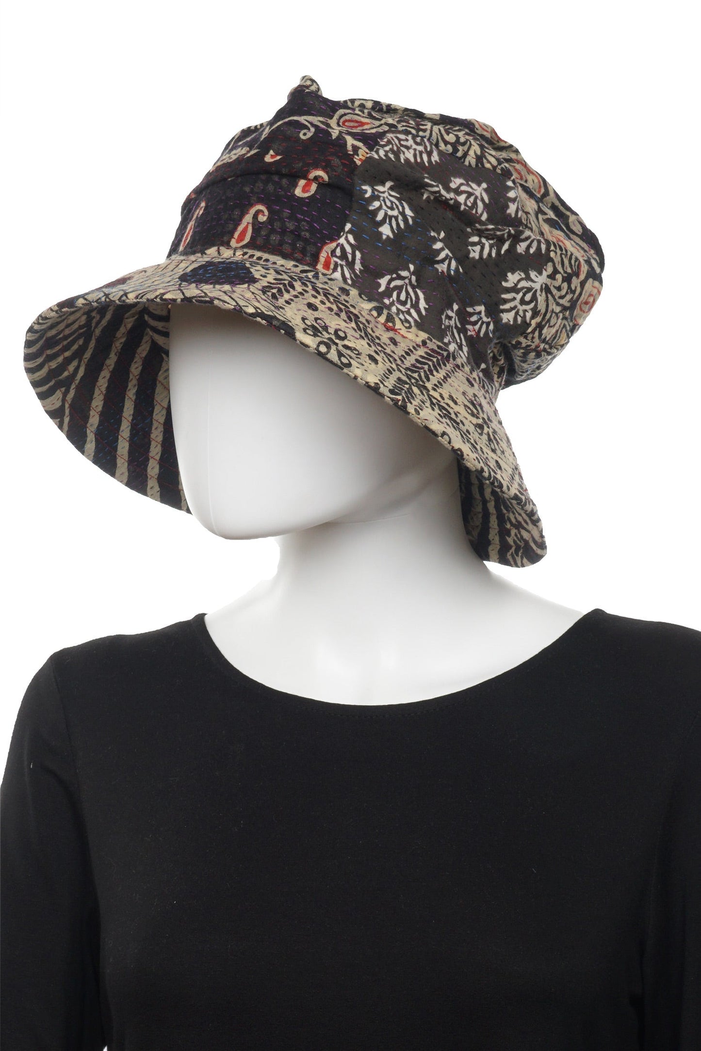 PATCHED PRINT KANTHA FULL BRIM HAT - pp2889-blk -