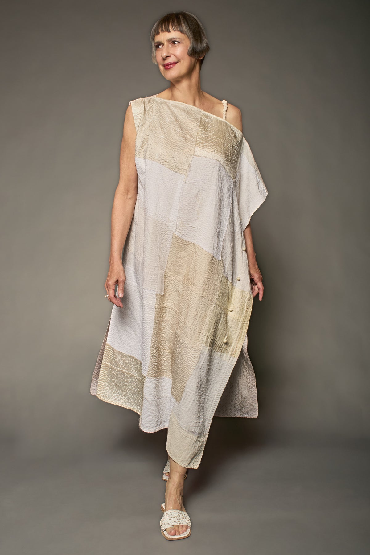 HALF SILK PATCH KANTHA ASYMMETRIC TUBE DRESS - hs2472-ivy -