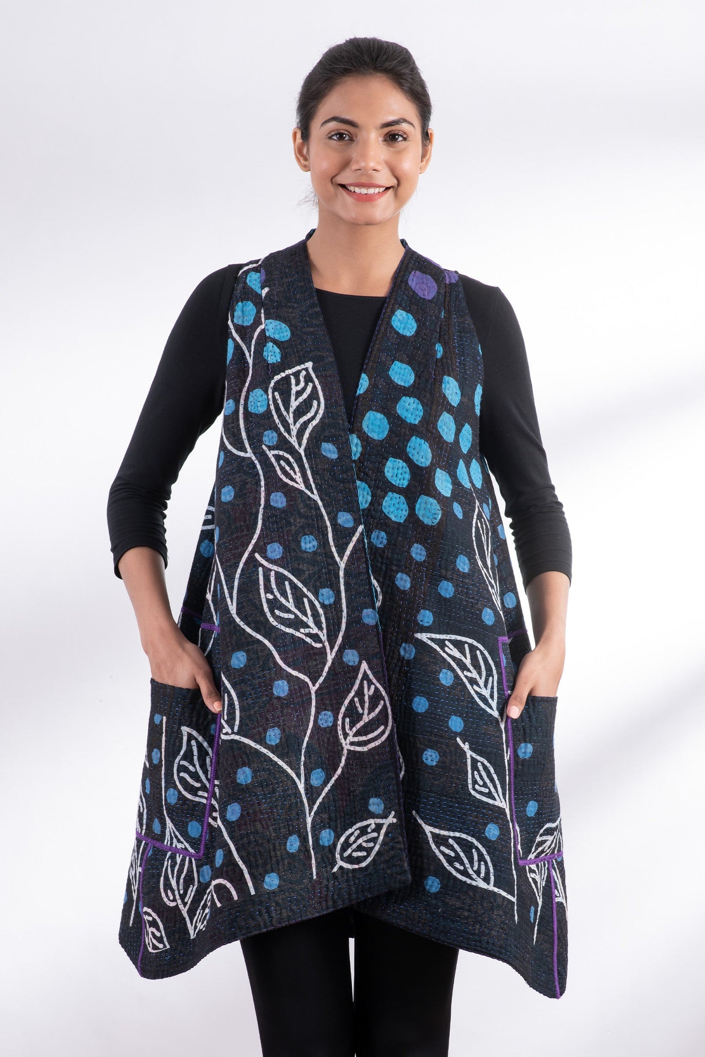POLKA DOTS & LEAVES KANTHA BACK PLEATED VEST - dl4221-blu -