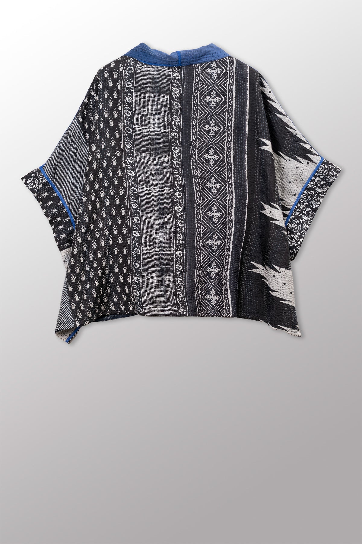 SILK COTTON OMBRE PRINT KANTHA MINI PONCHO - os2060-blk -