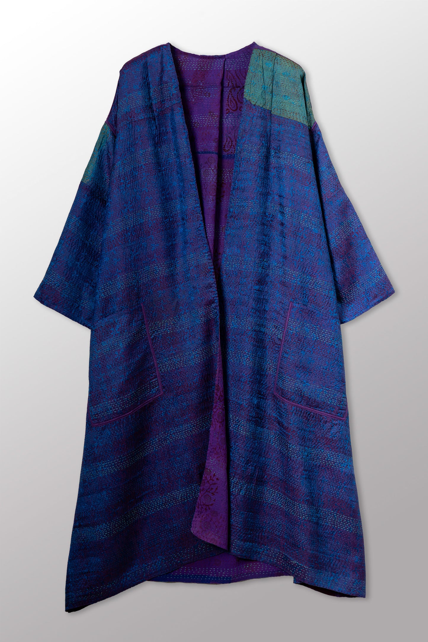 GEORGETTE JACQUARD VINTAGE SILK PATCH KANTHA LONG DUSTER - gj2328-0003a -