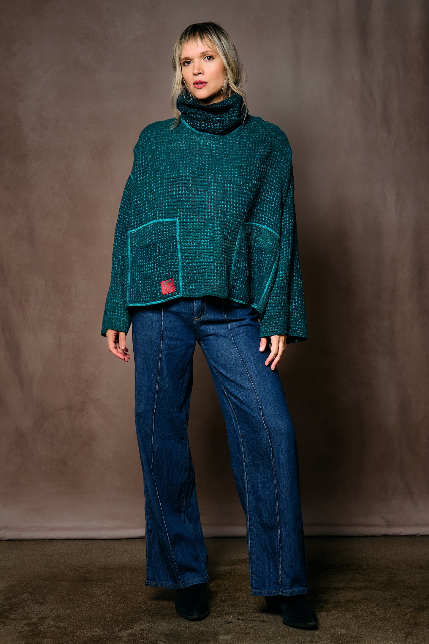 WOOL WAFFLE KANTHA NEW COWL NECK PONCHO - ww3083-tel -