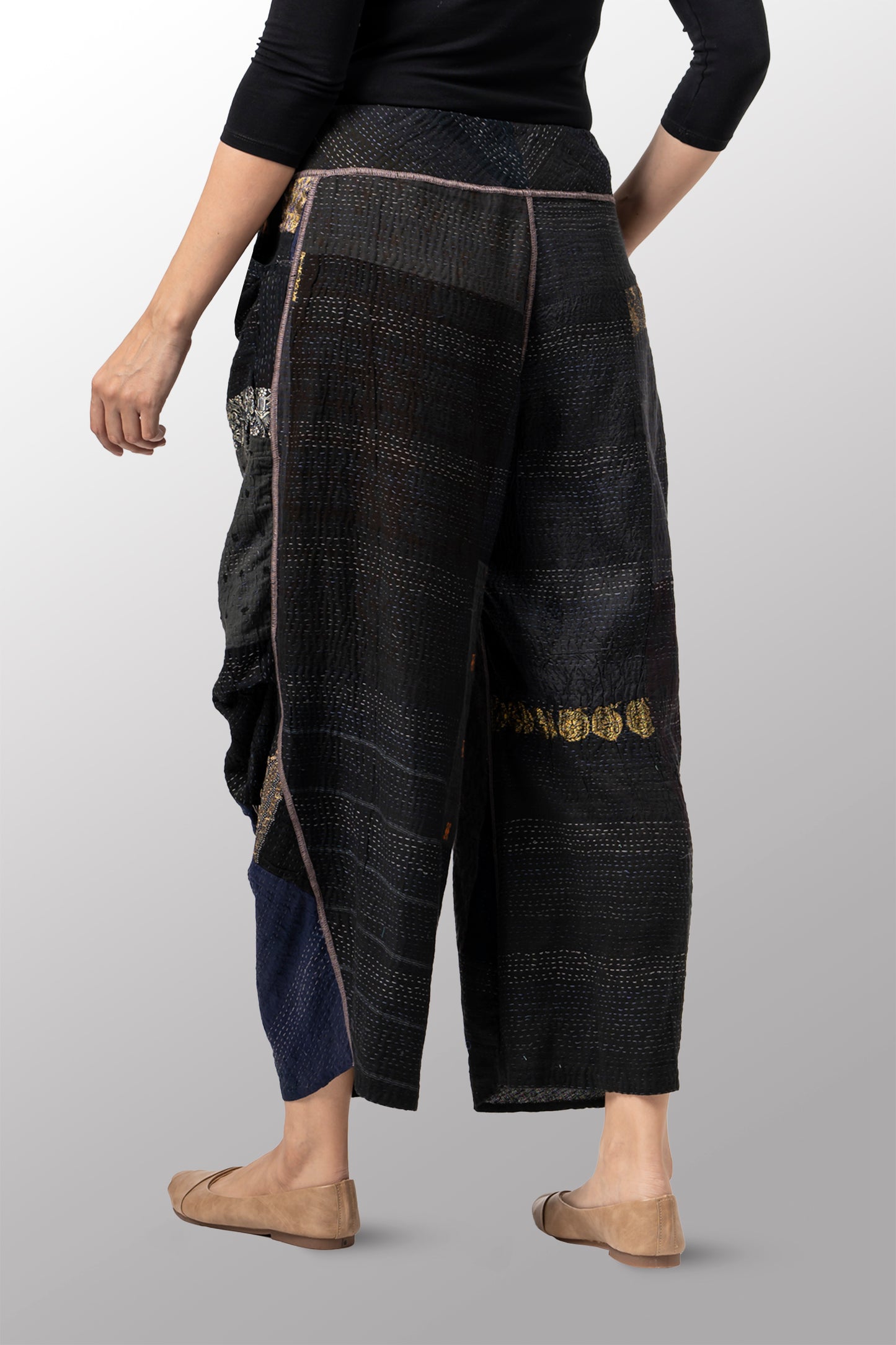 COTTON SILK SW PATCH KANTHA KNEE TUCKED PANTS - ws2625-blk -