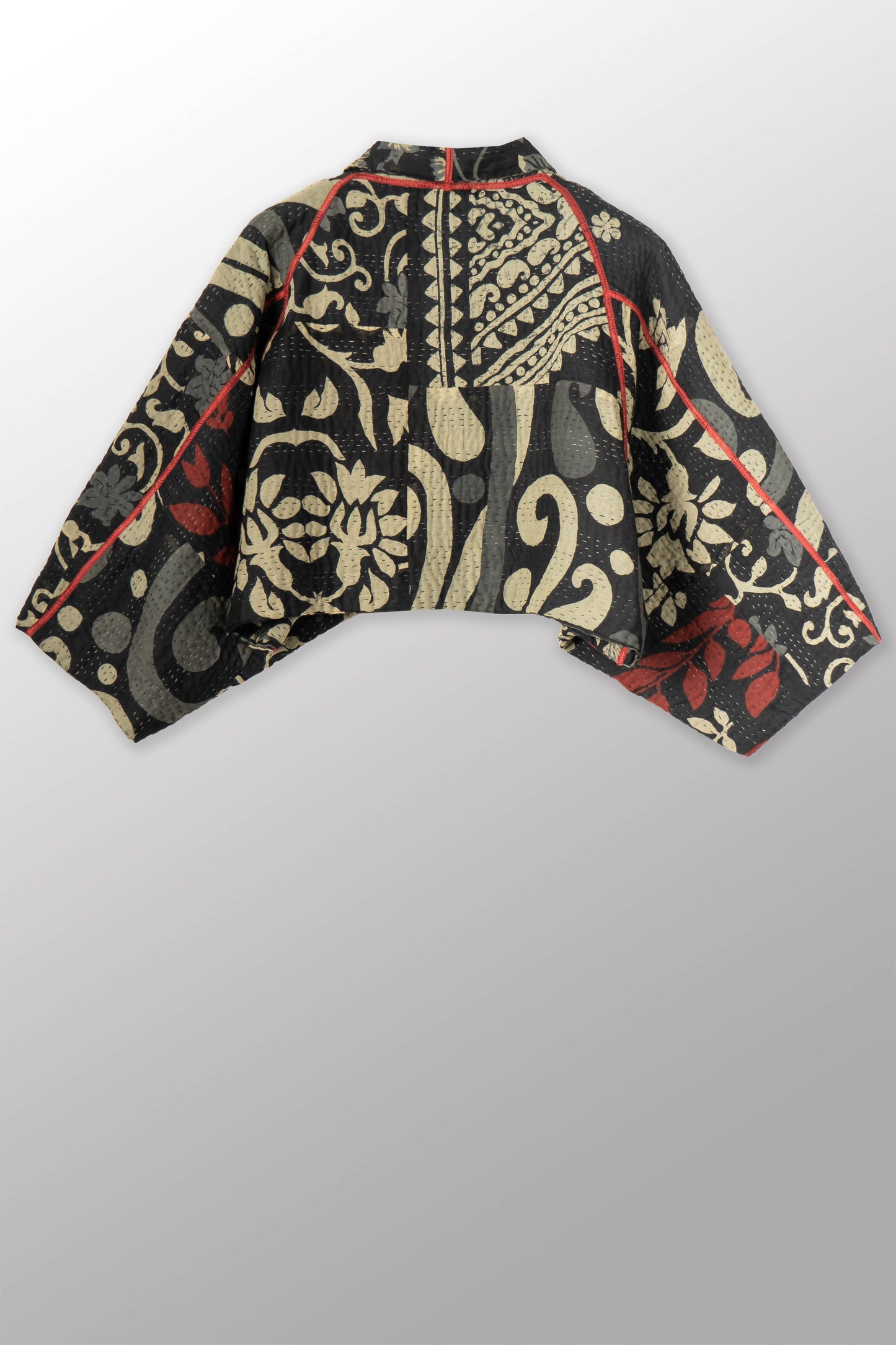 BLACK AND WHITE PRINT PATCH KANTHA PUFF SLV. SHRUG - pn4062-red -