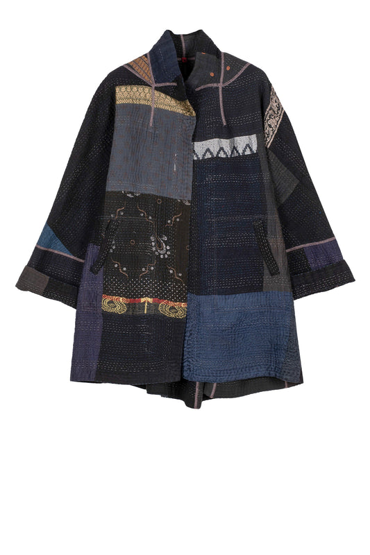 COTTON SILK SW PATCH KANTHA FLARE LONG JKT - ws4021-blk -