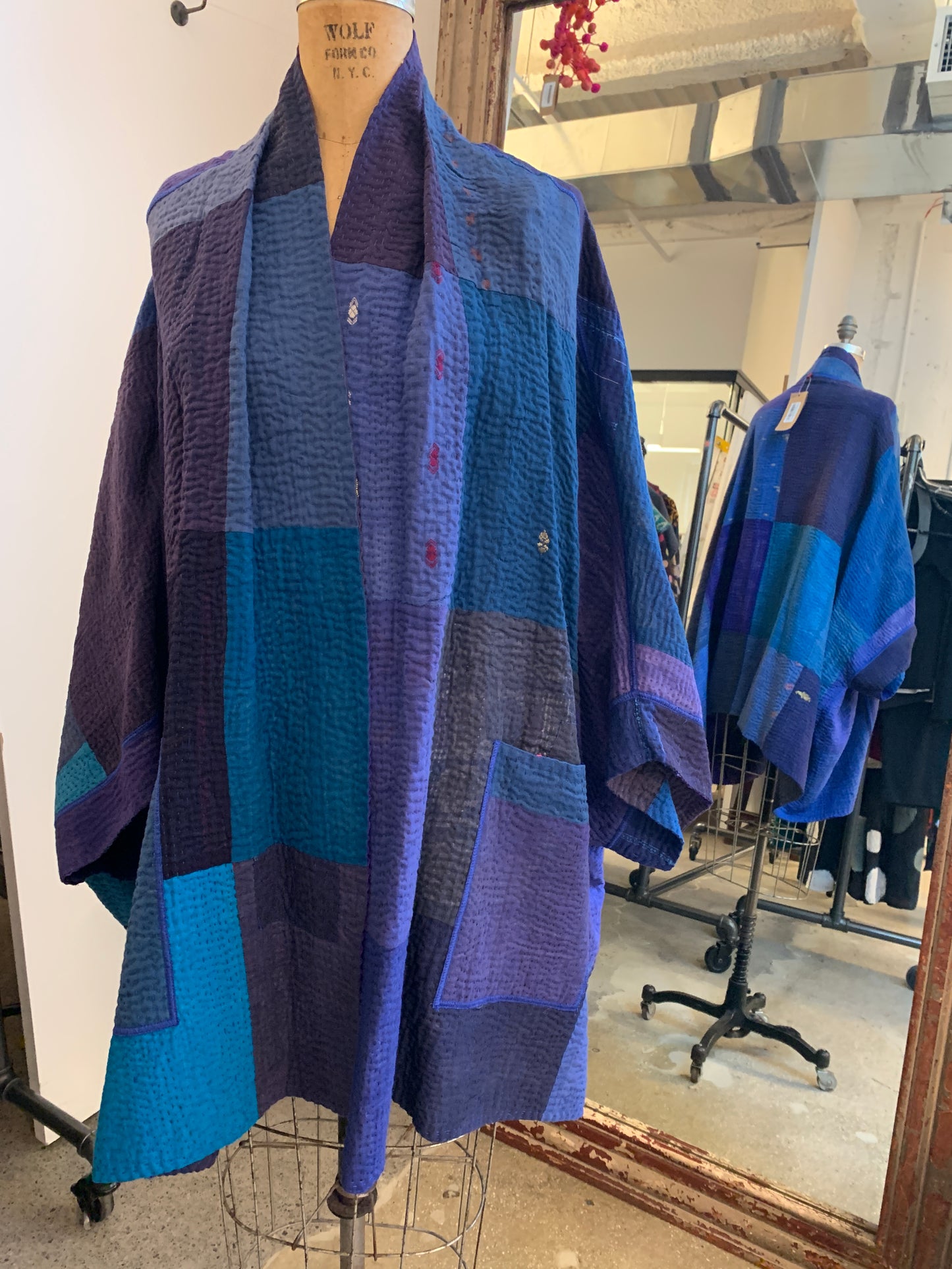STRIPE AND CHECK COTTON SILK PATCH KANTHA DOUBLE COLLAR PONCHO - ss4323-blu -