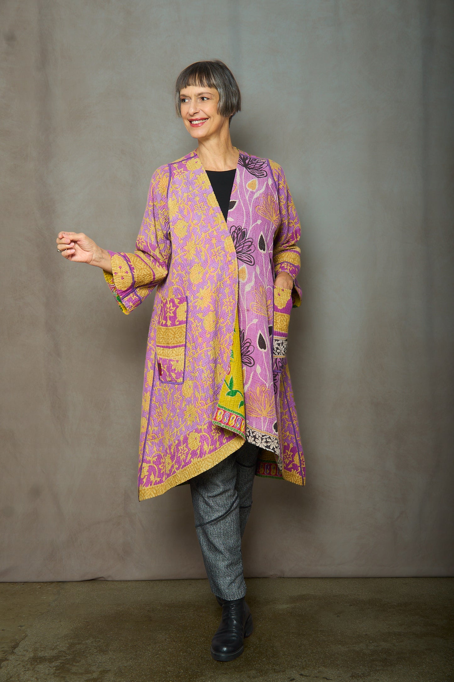 VINTAGE COTTON KANTHA WRAP FLARE COAT - cv4330-0026a -