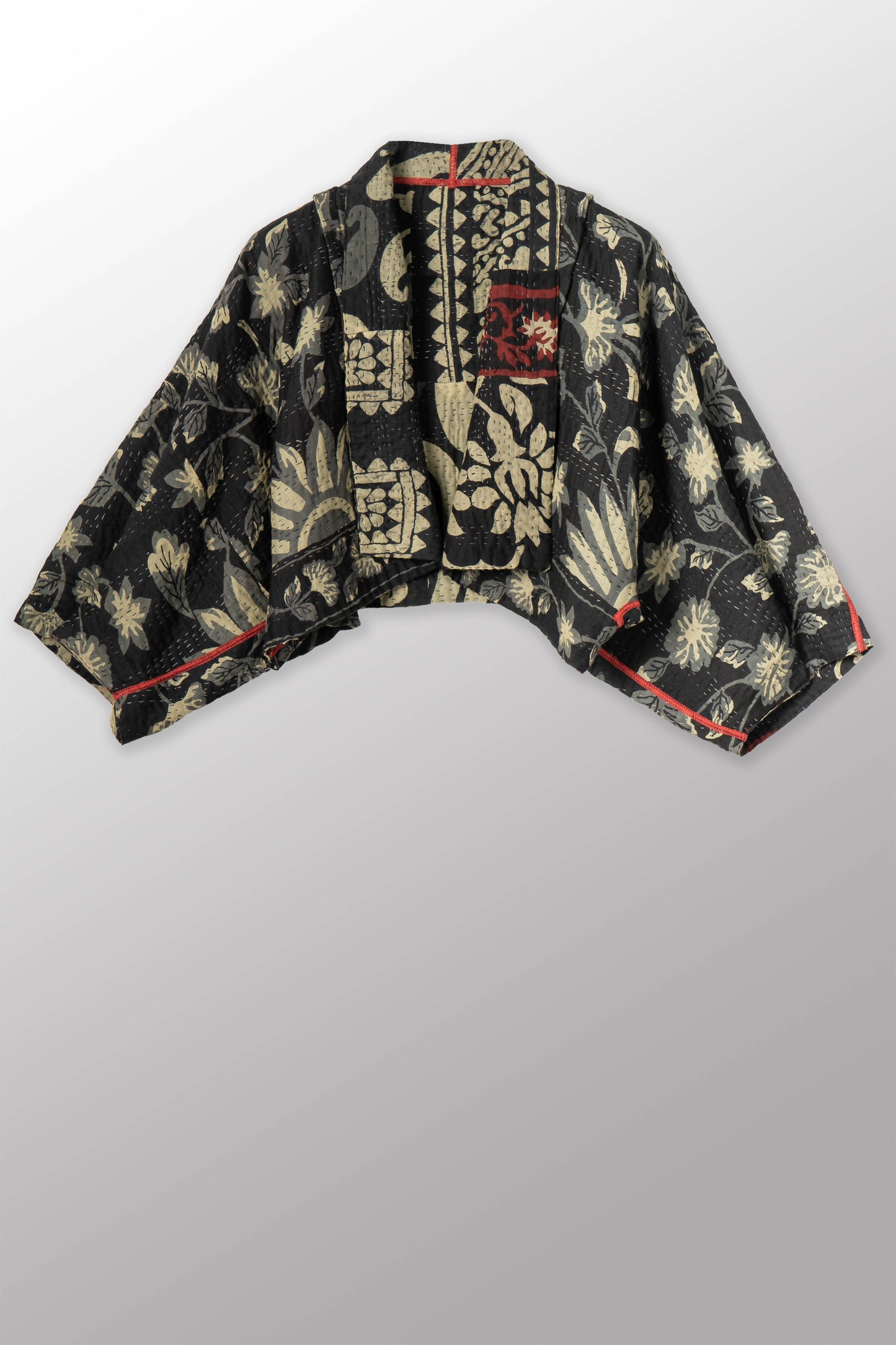 BLACK AND WHITE PRINT PATCH KANTHA PUFF SLV. SHRUG - pn4062-red -