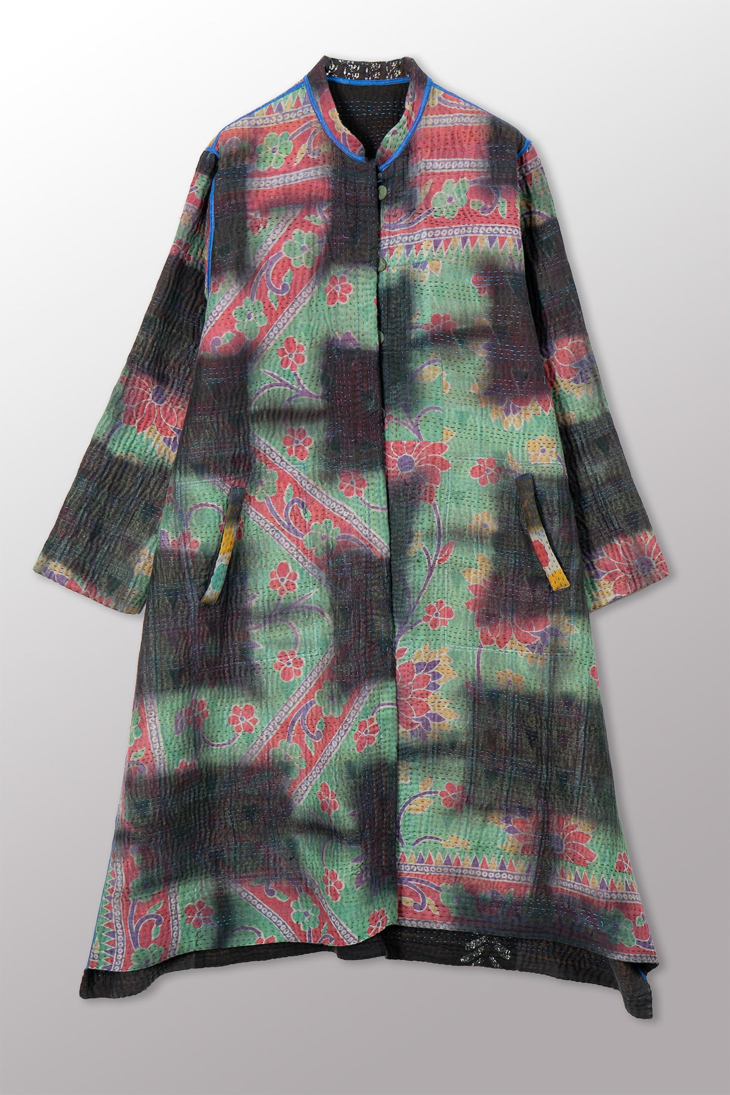 VINTAGE COTTON GREY CLAMP TIE DYE KANTHA KAFTAN COAT - su4343-0001s -