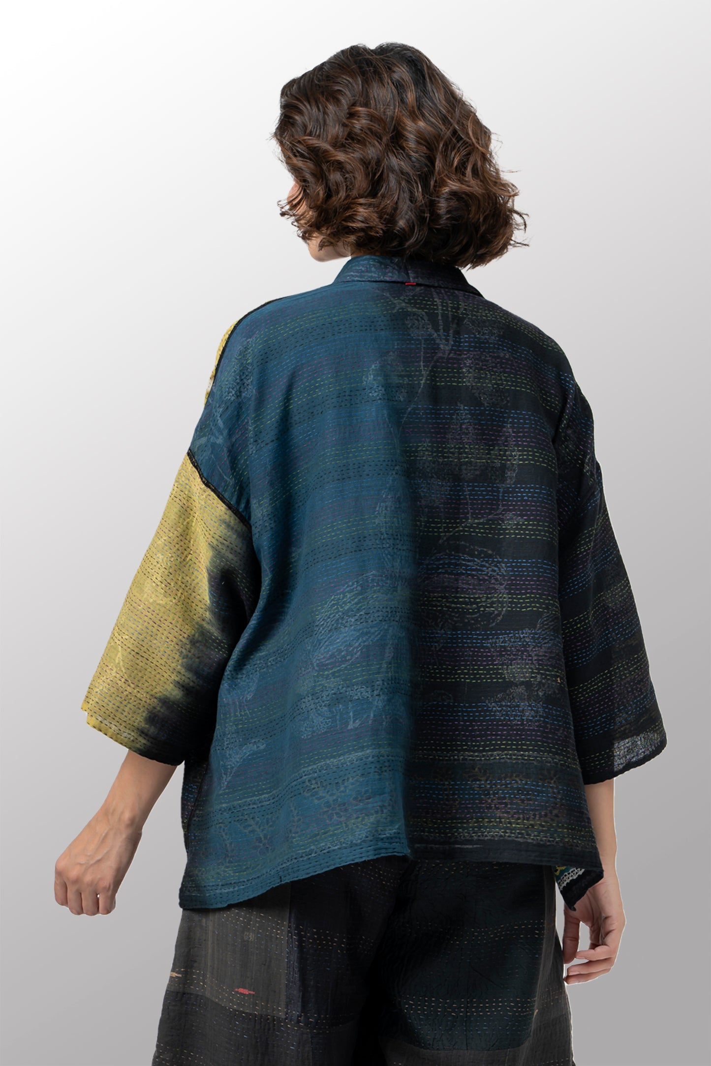 ORGANIC LEAVES KANTHA CROPPED TENT SHIRT - ol2596-blk -