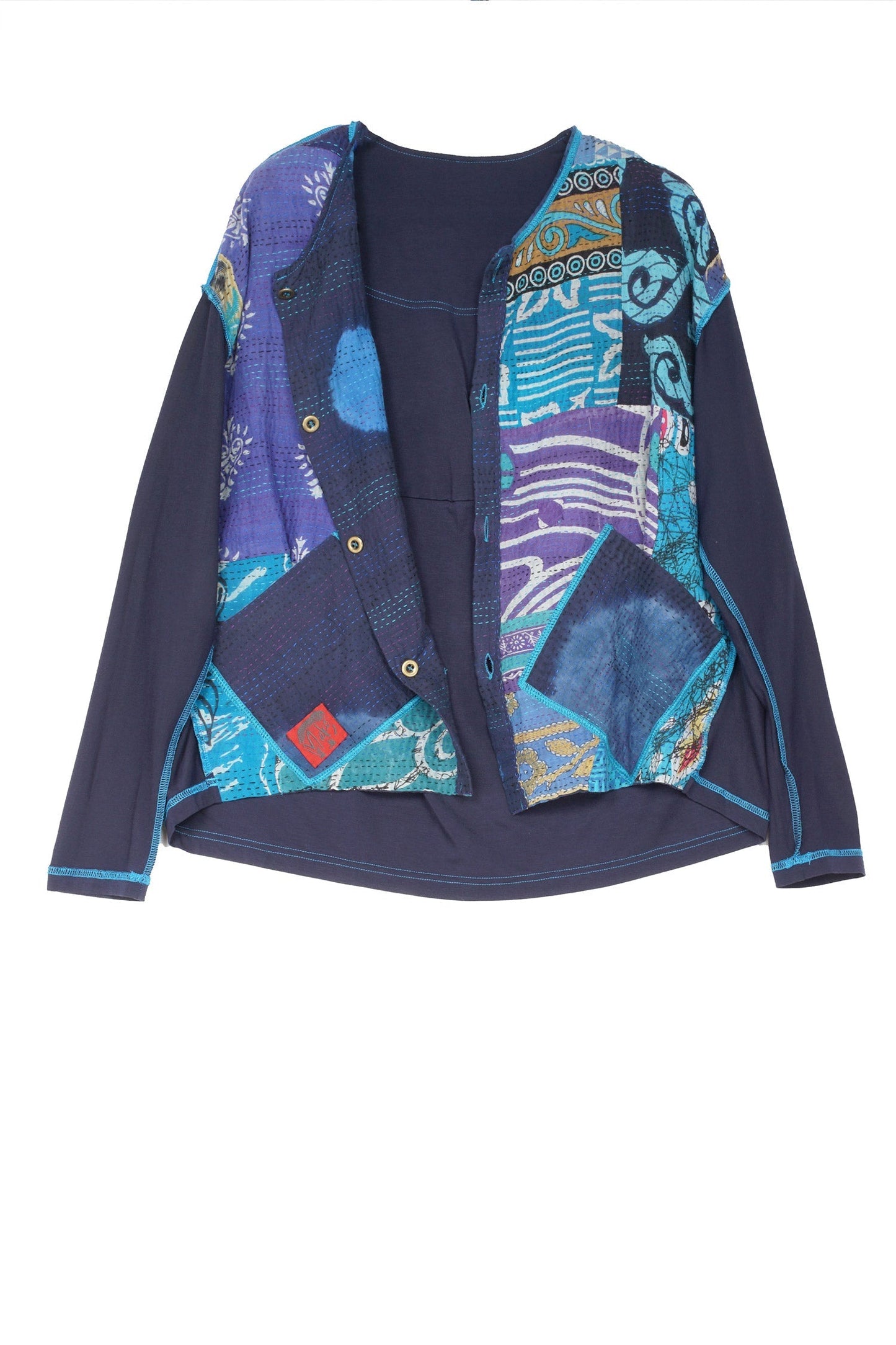 PATCH & CIRCLE PRINT KANTHA AND KNIT SHORT JKT - pc2029-blu -