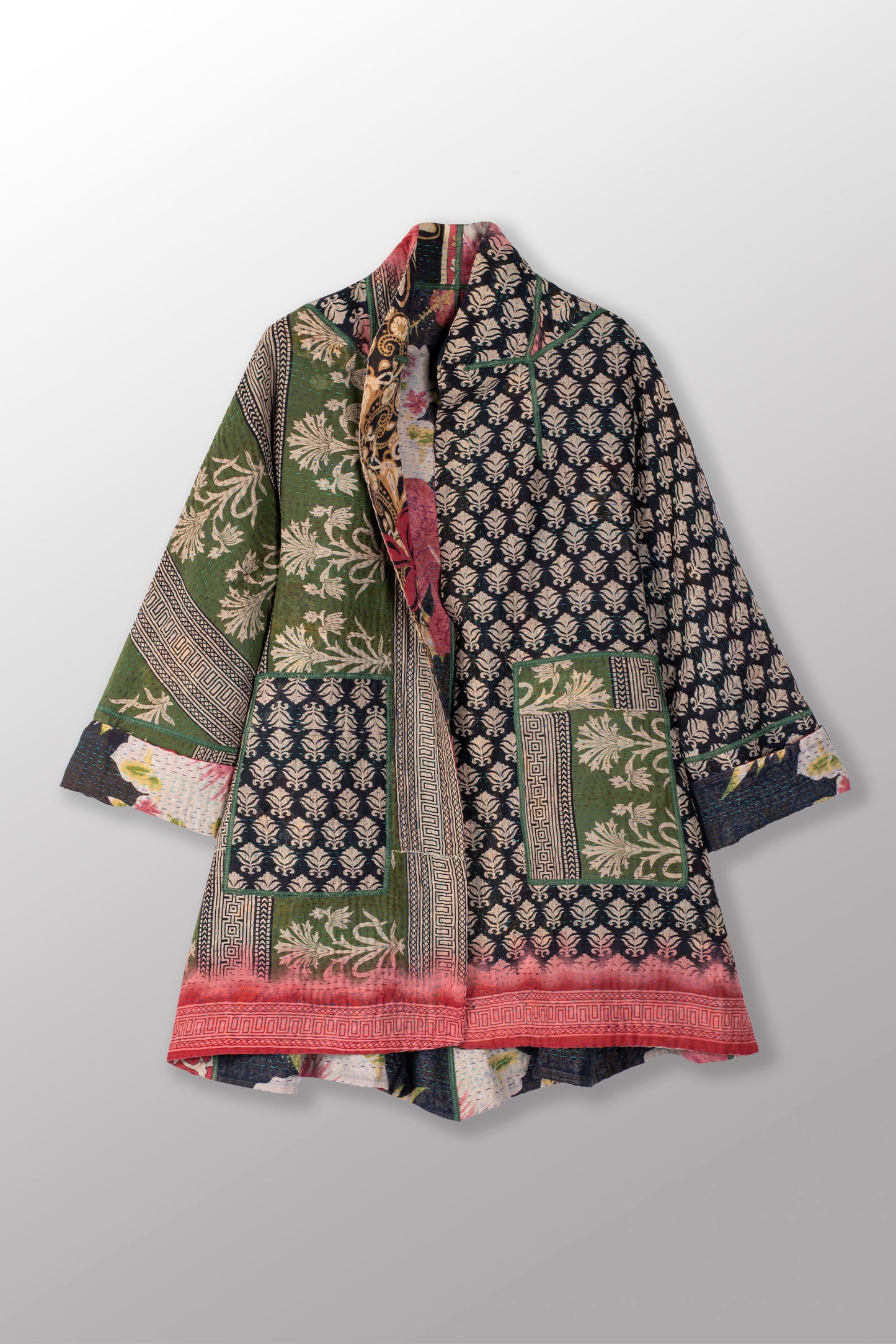 VINTAGE COTTON KANTHA FLARE LONG JACKET - cv4021-0052s -