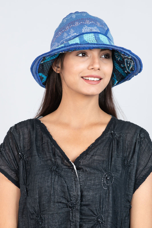 VINTAGE COTTON KANTHA CIRCULAR CUT BRIM HAT - cv2882-blu -