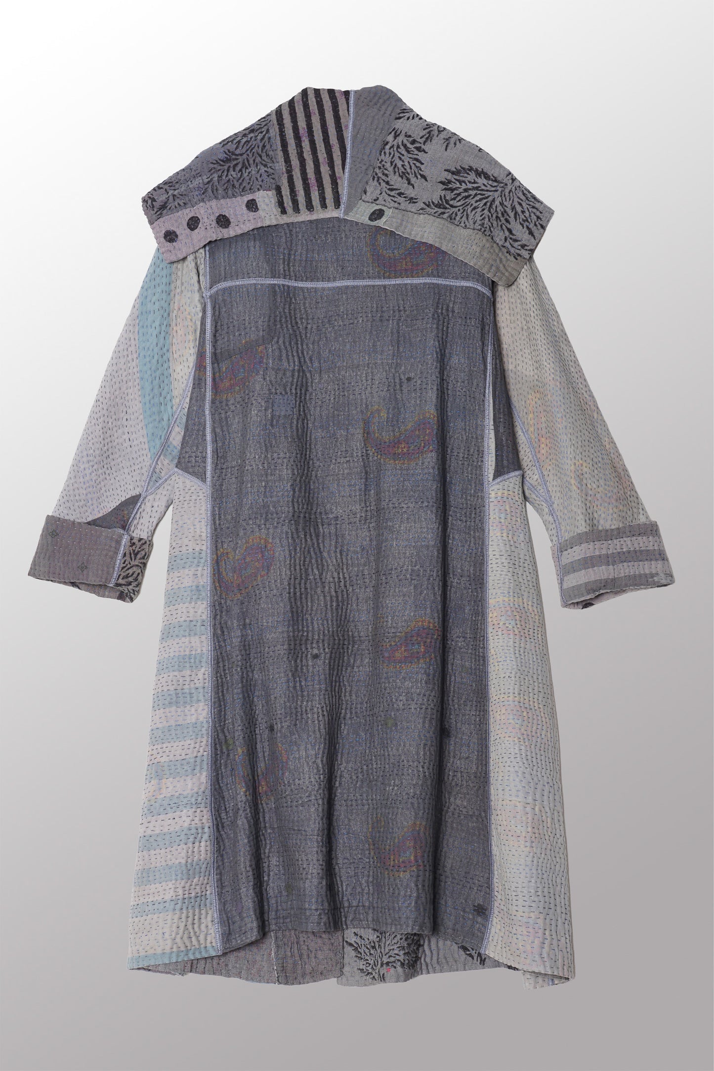 FRAYED PATCH KANTHA A-LINE COAT - fi4309-gry -