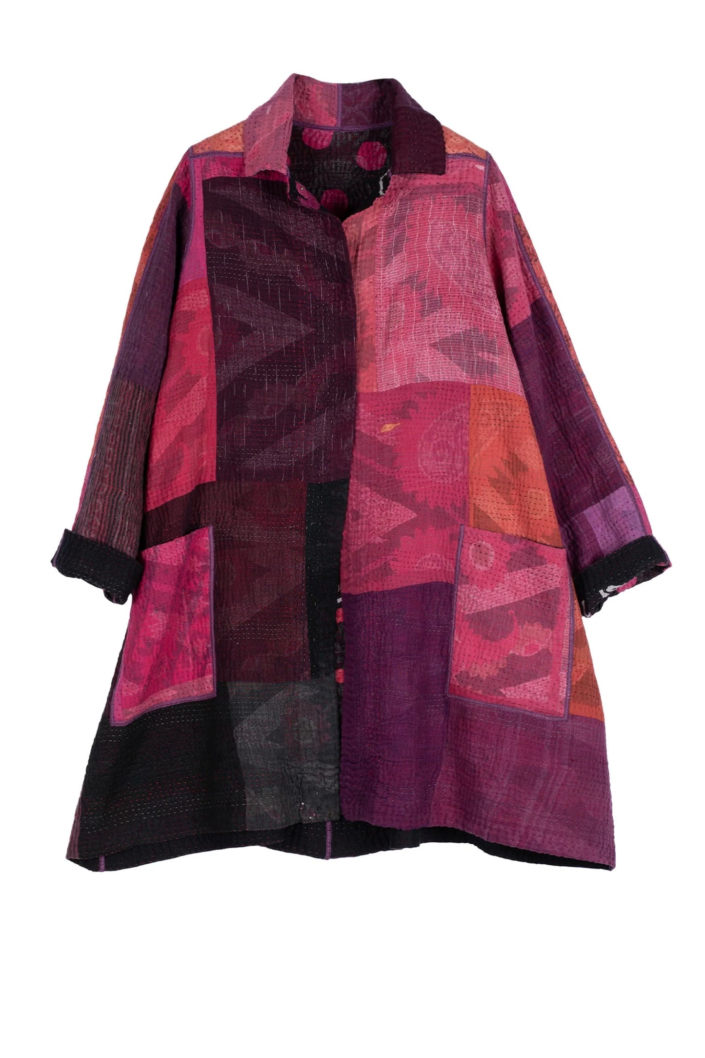 POLKA DOTS & LEAVES KANTHA A-LINE DUSTER - dl4311-pik -