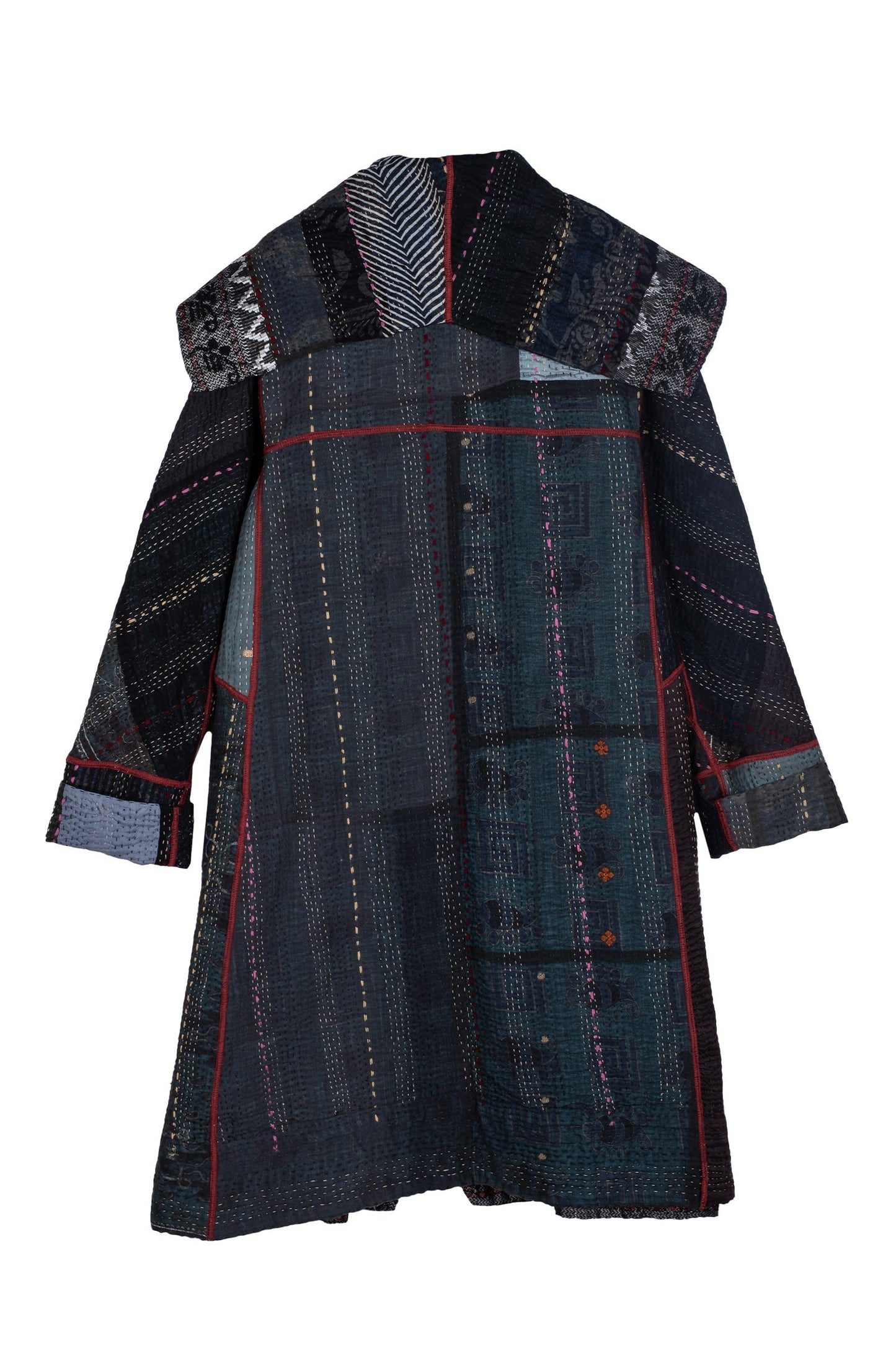 STRIPE RALLIS KANTHA A-LINE COAT - pr4309-blk -