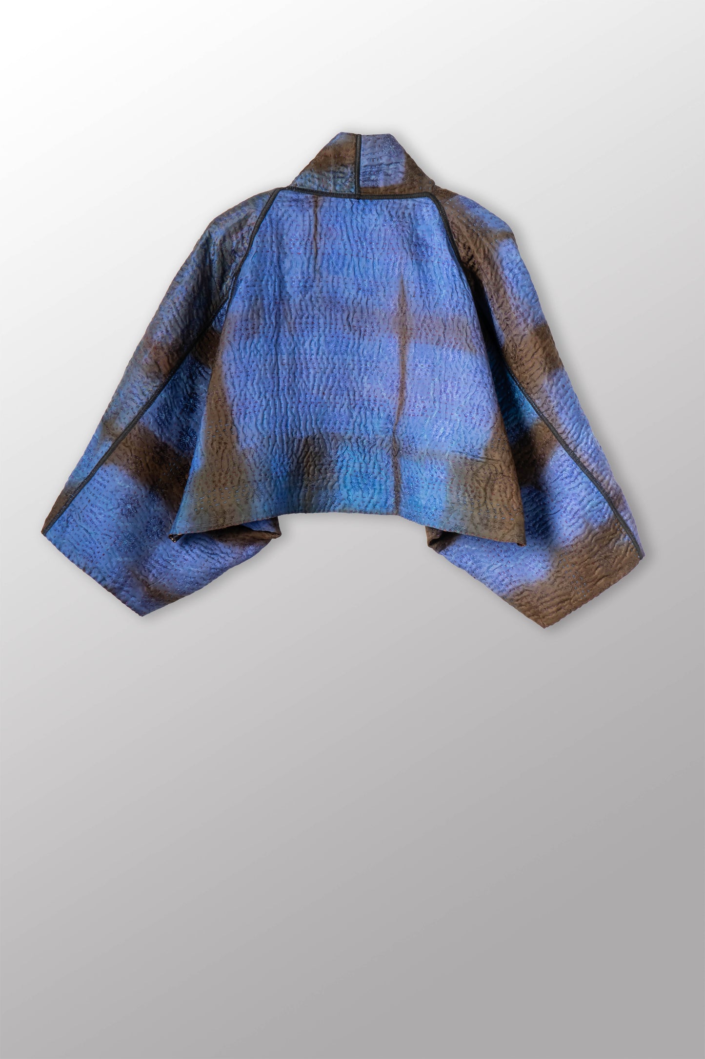 VINTAGE JACQUARD CLAMP DYE WITH PRINTED SILK KANTHA PUFF SLV. SHRUG - jk4062-0002a -