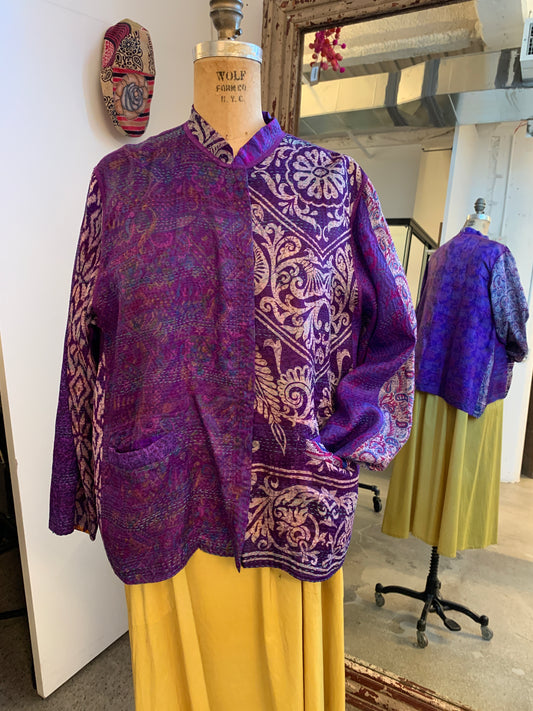 VINTAGE SILK KANTHA KAFTAN JACKET SHORT - sv2088-0001s -