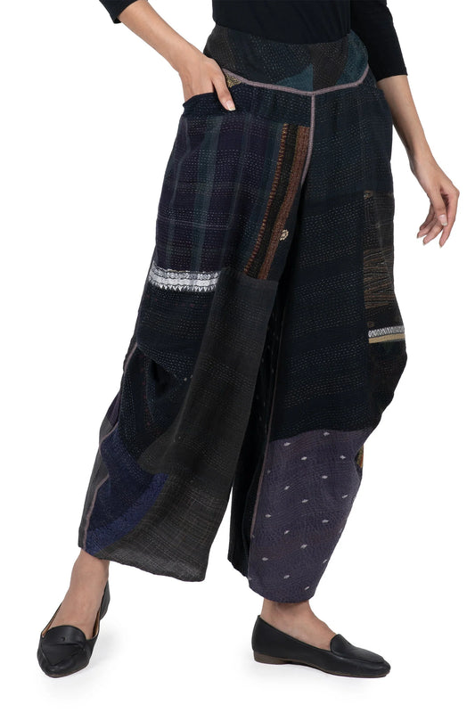 COTTON SILK SW PATCH KANTHA KNEE TUCKED PANTS - ws2625-blk -