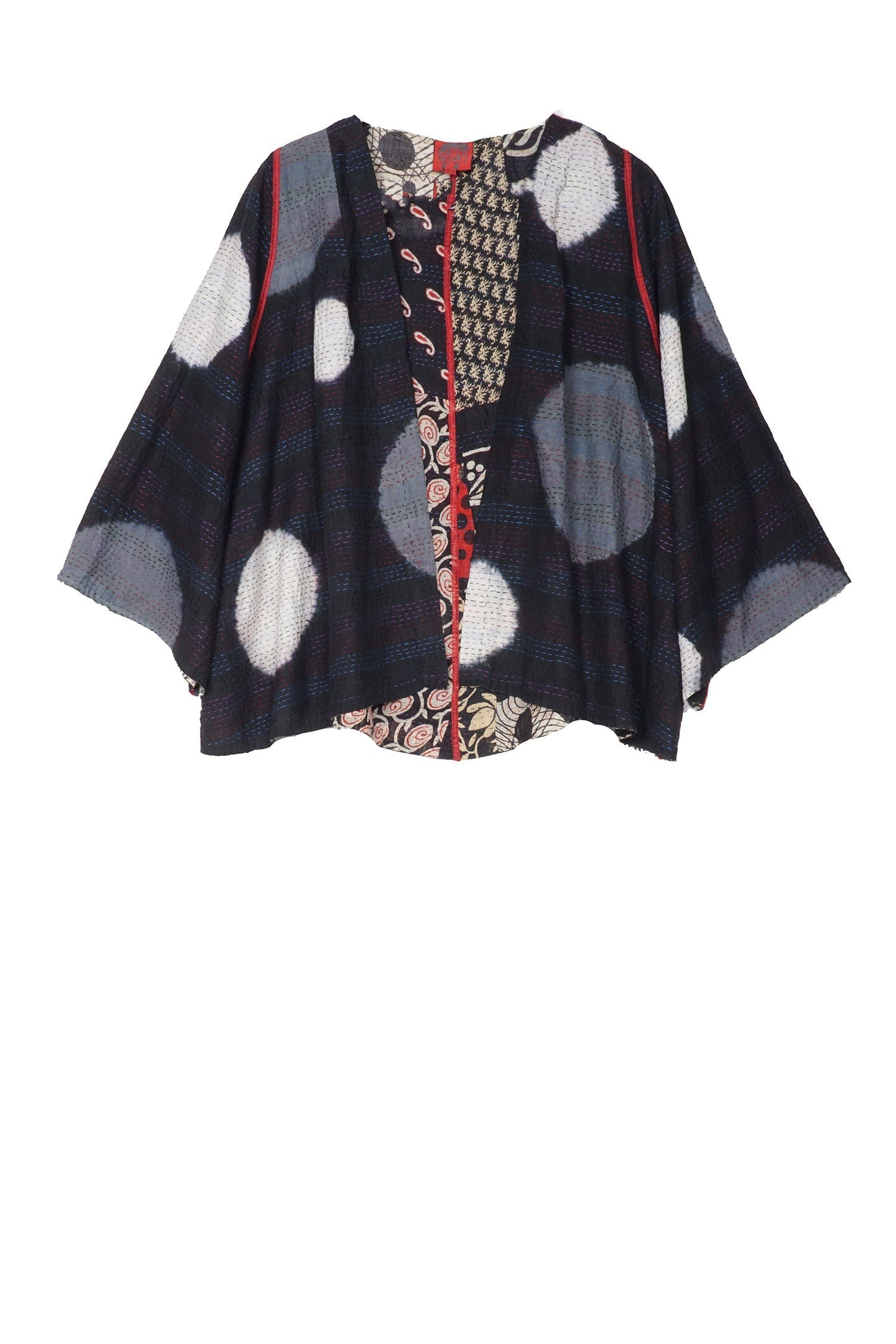 PATCH & CIRCLE PRINT KANTHA BELL SHAPE JKT - pc2048-blk -