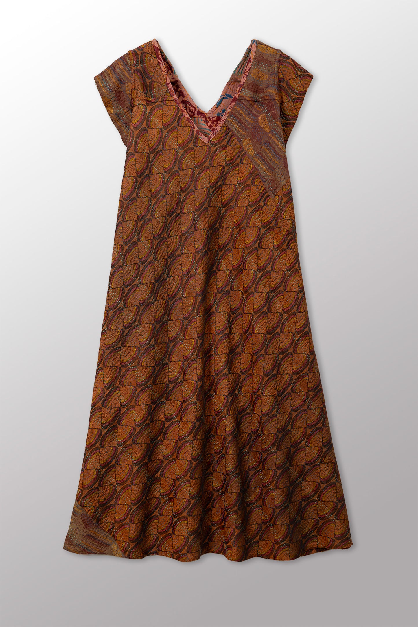 GEORGETTE JACQUARD VINTAGE SILK PATCH KANTHA CAP SLV. FLARE DRESS - gj2425-0001m -