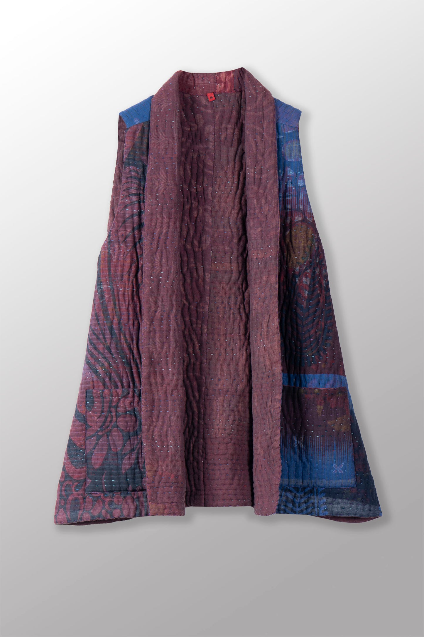 QUILTED OVERDYE COTTON KANTHA KIMONO VEST SHORT - oq5248-cblu001m -