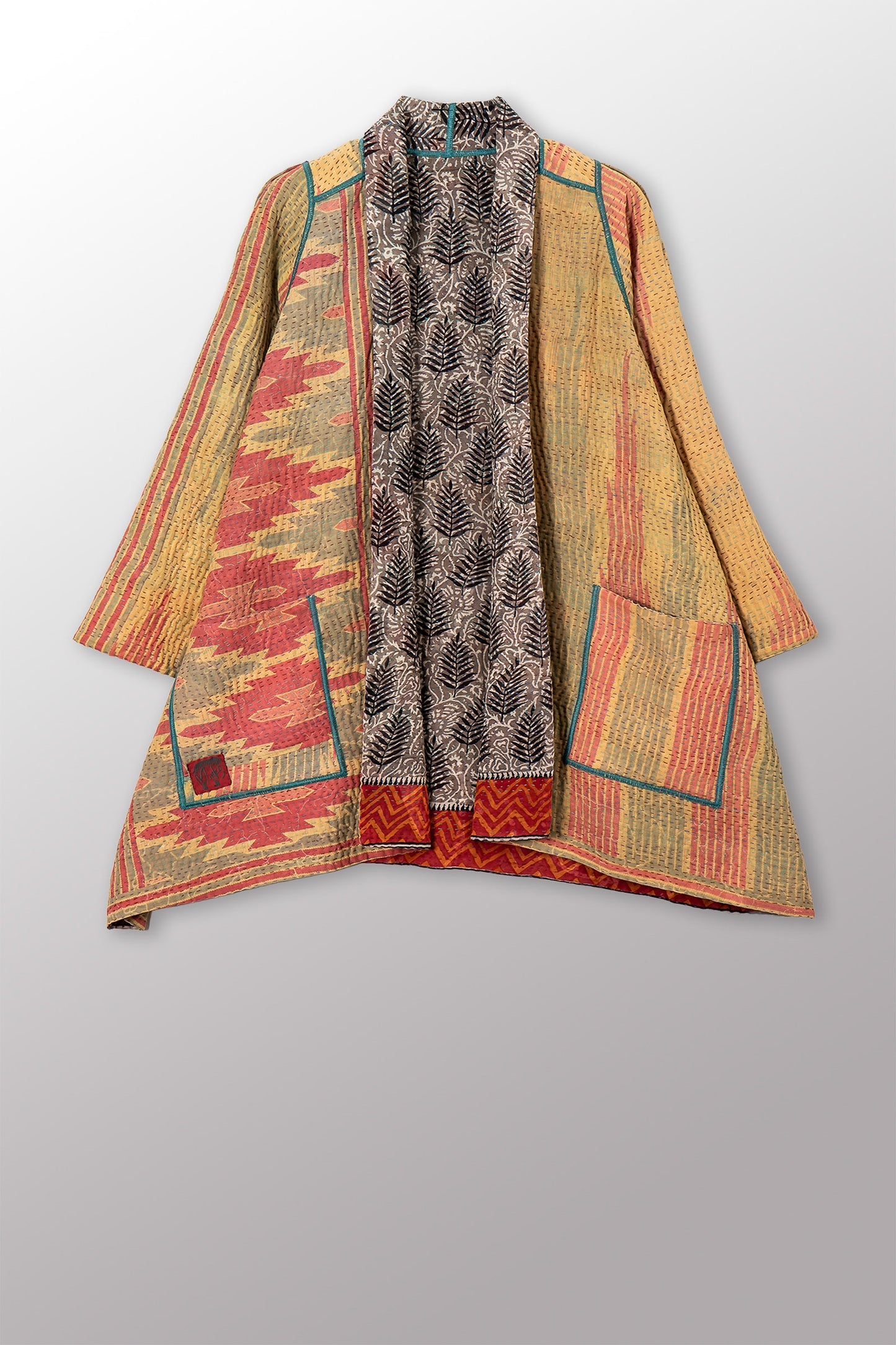 VINTAGE SILK GEORGETTE COTTON KANTHA A-LINE JACKET - gc4003-0002a -