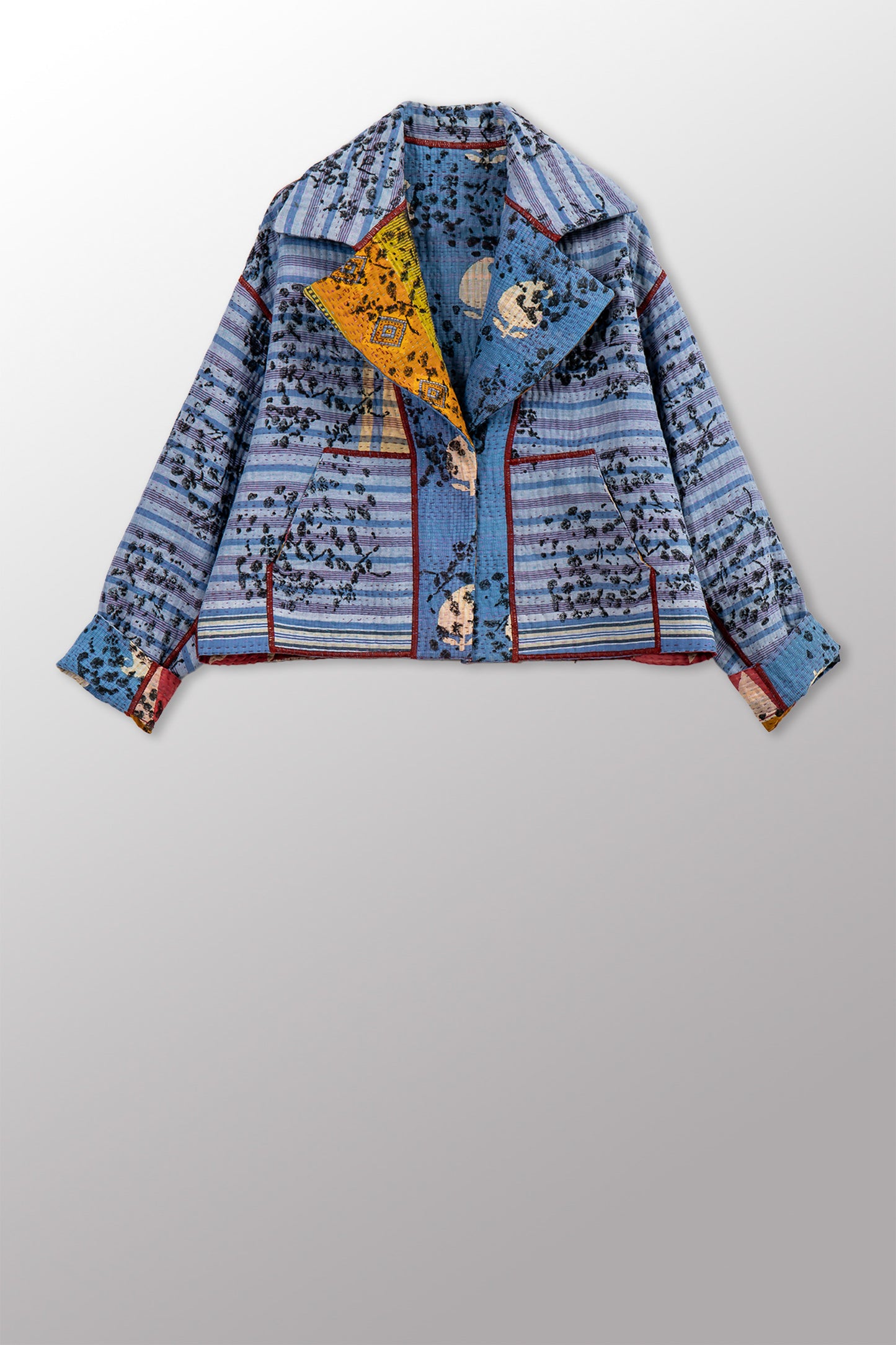 VINTAGE COTTON KANTHA NEW LAPELED SHORT JACKET - cv4j101-0002s -